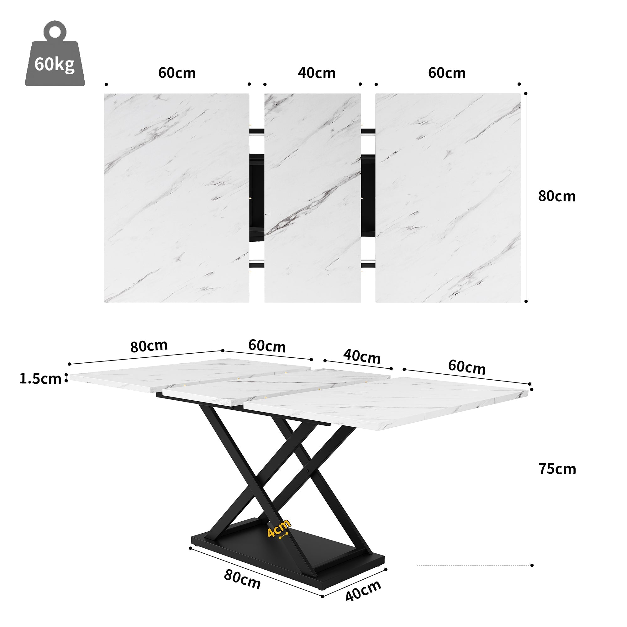 Dining Set (5-Piece) Extendable for 4 People with Black Velvet Chairs and White Marble Table