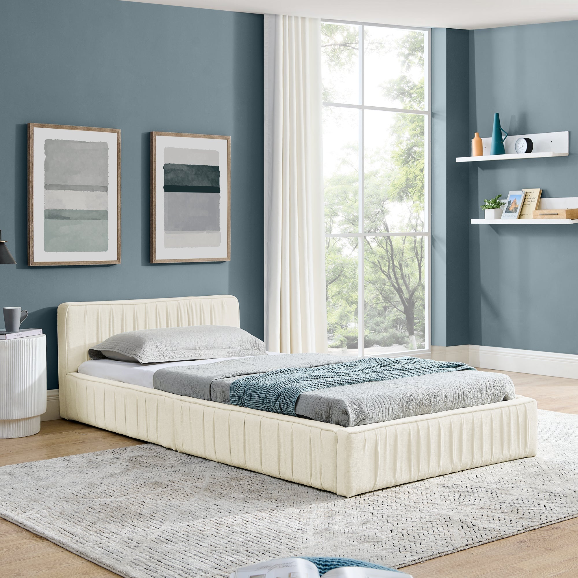 Single Bed 90x200cm Children's Bed Sturdy Iron Frame Chenille Beige