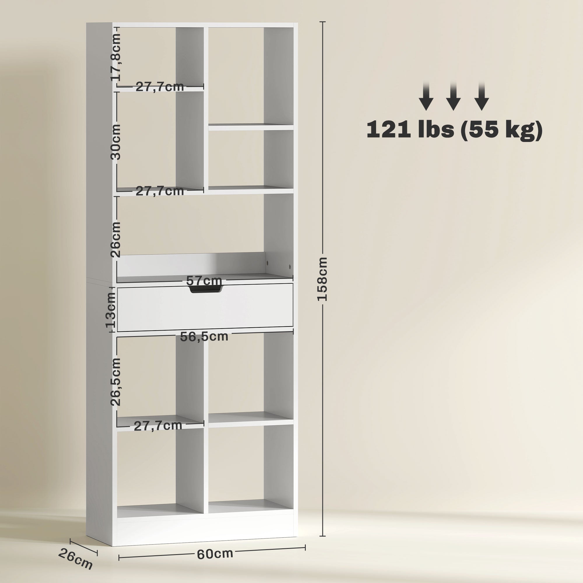 Bookshelf 9 Shelves 1 Drawer Anti-Tip 60x26x158cm White