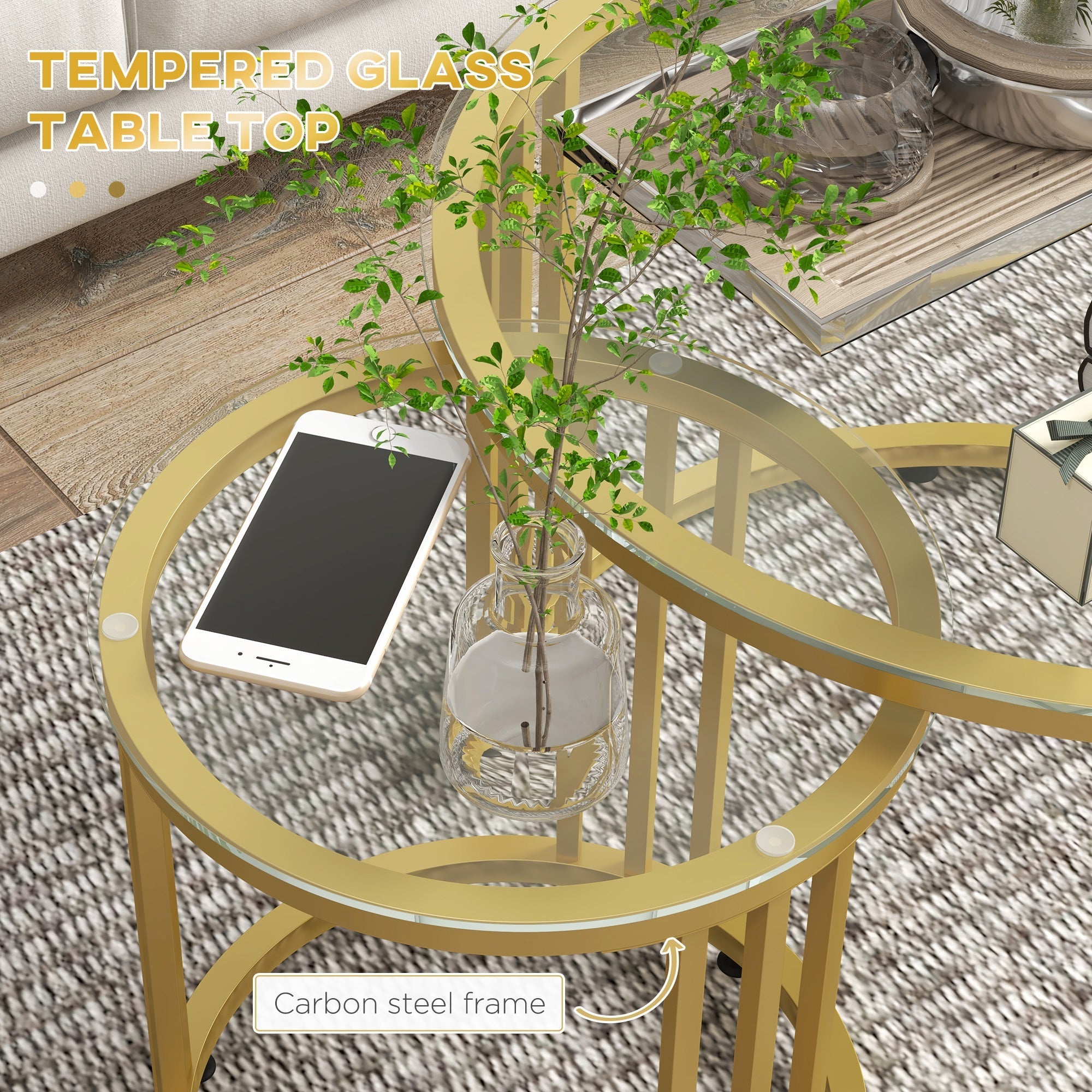 Round Coffee Tables Set of 2, Nesting Tempered Glass Top Steel Frame, Gold Tone