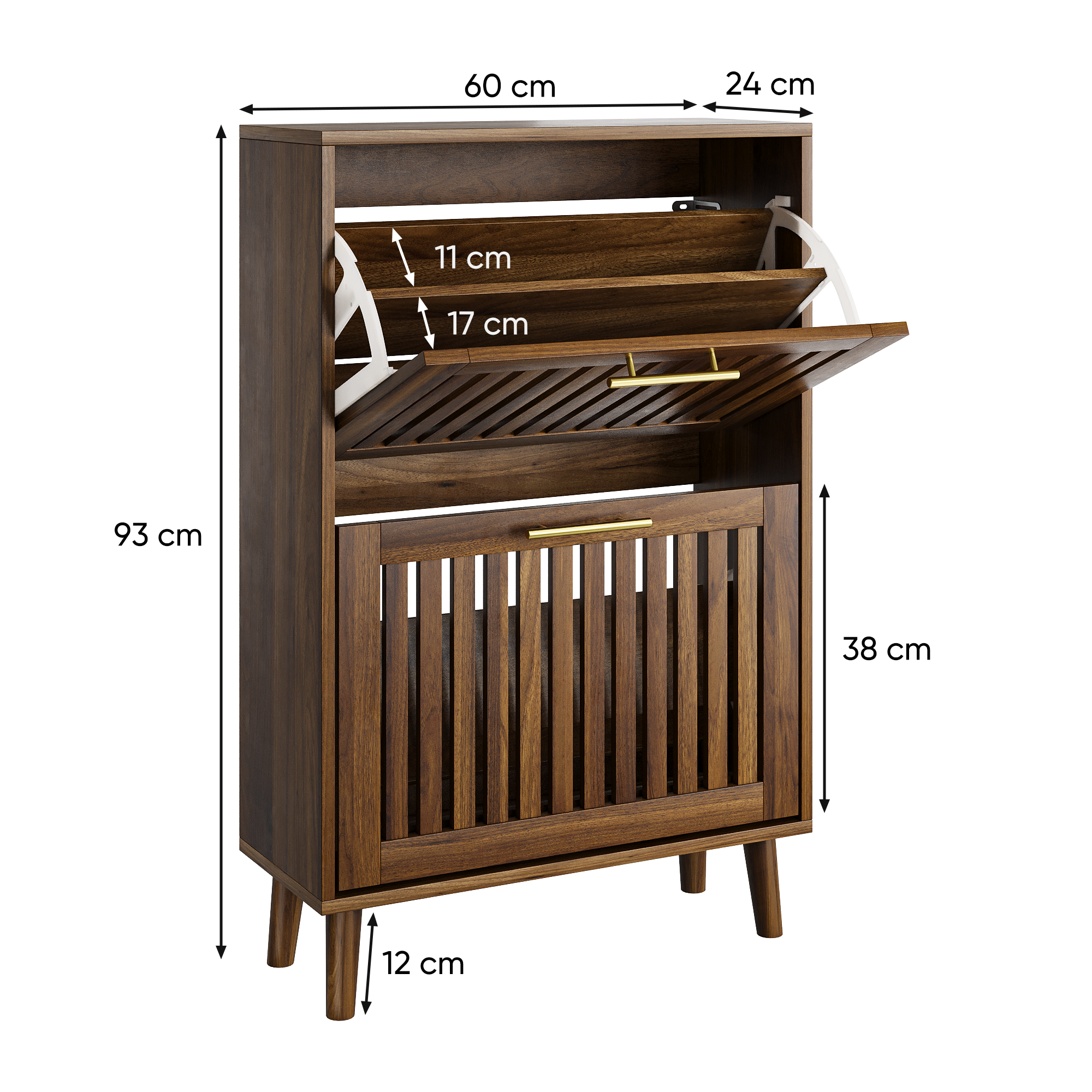 Shoe Cabinet 60cm Freestanding 2 Drop-Down Drawers Medieval-Modern - Walnut Wood