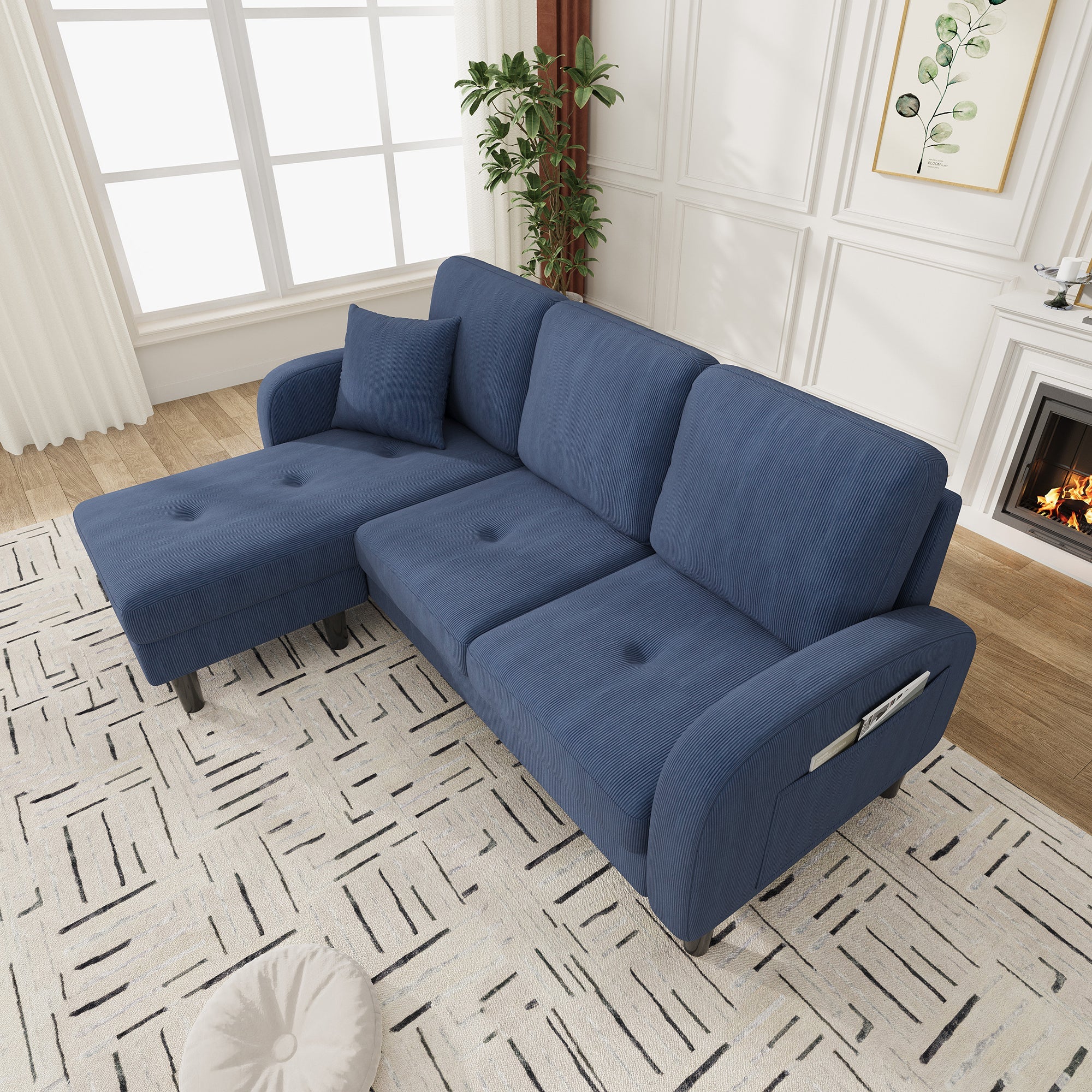 L-shaped Corner Sofa with Chaise Longue, 3-Seater Modular Design, Corduroy Fabric