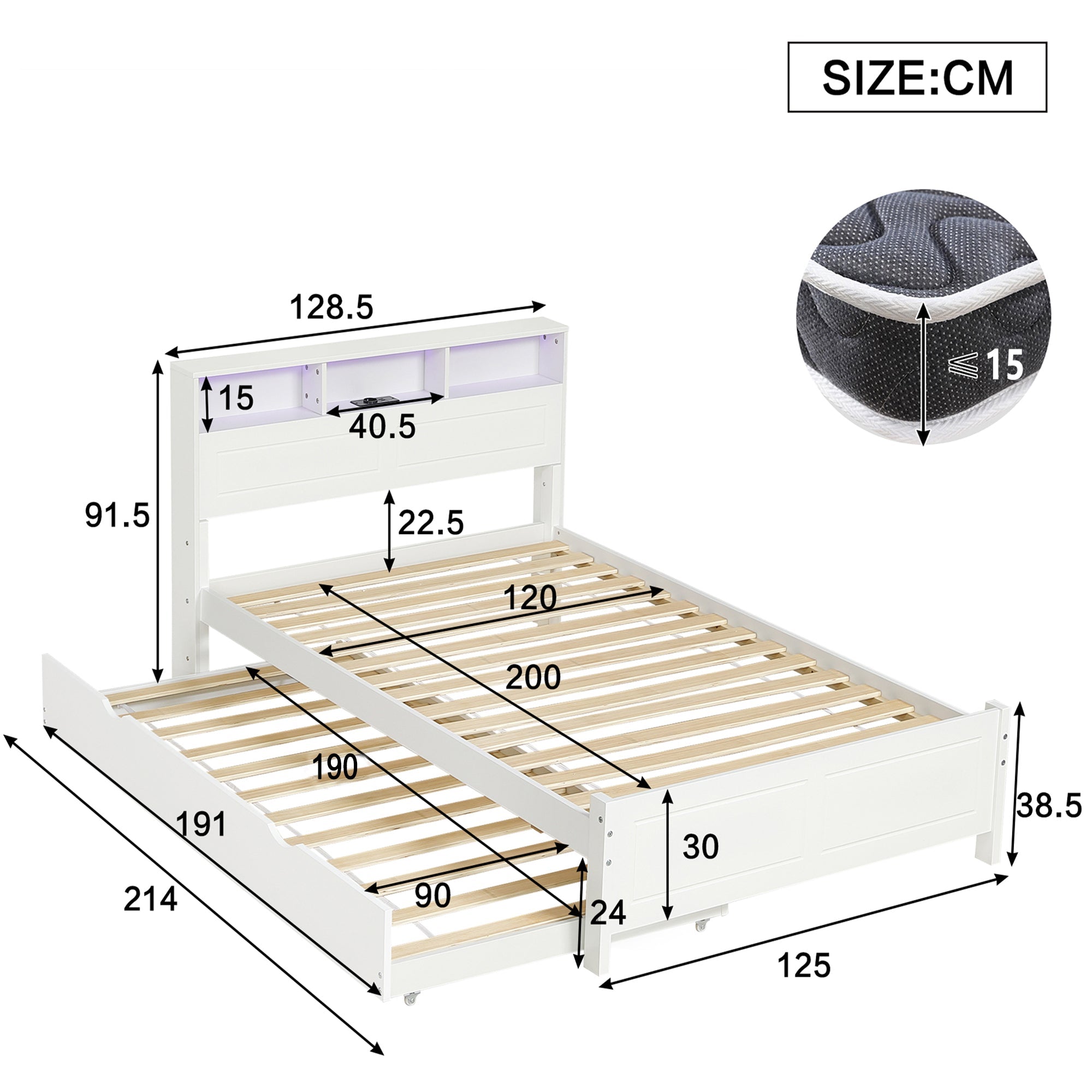 Double Bed with Pull-out LED/USB Storage, Pine+MDF White