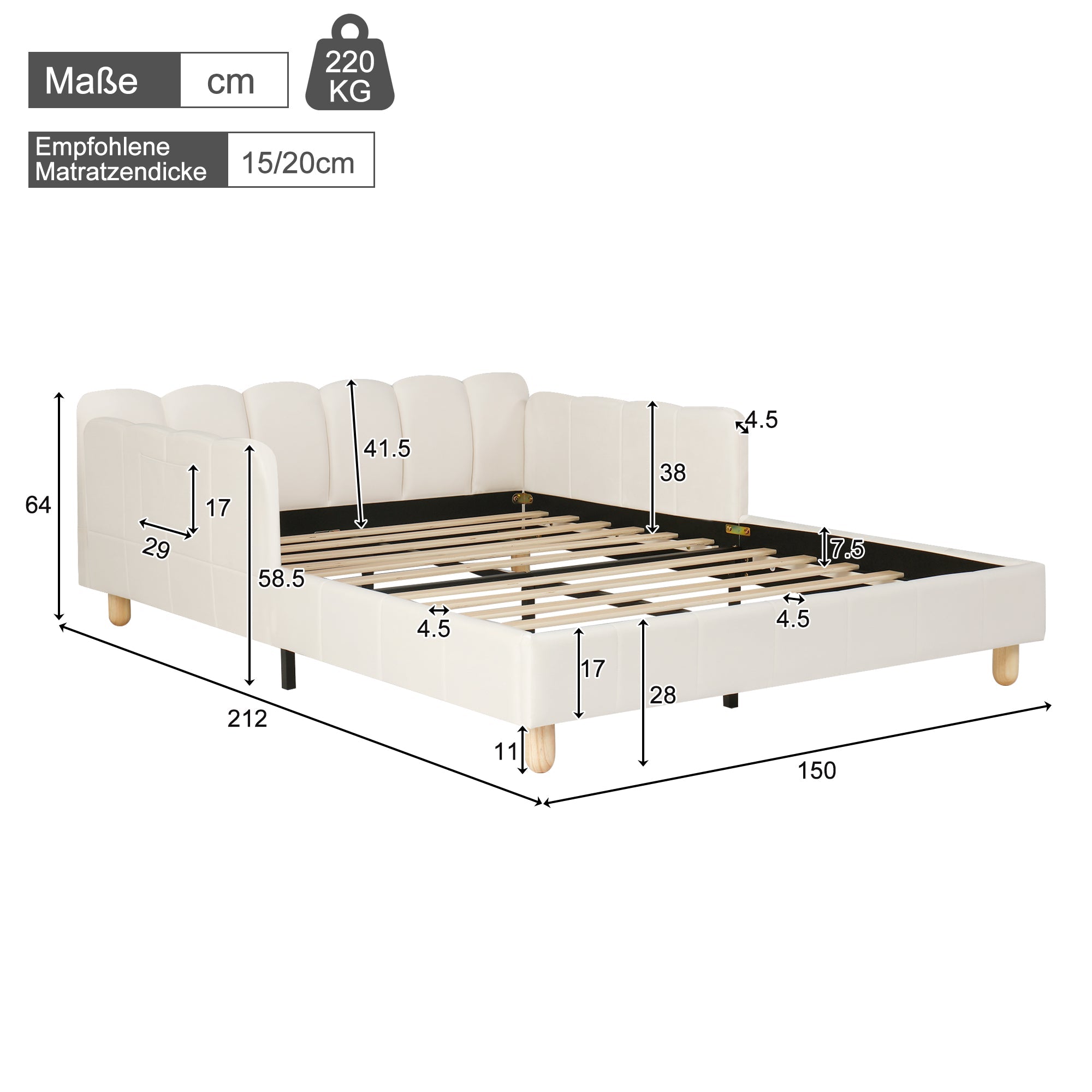 Upholstered Children's Bed with Safety Rail and Solid Wood Legs, 140x200cm, Beige Velvet