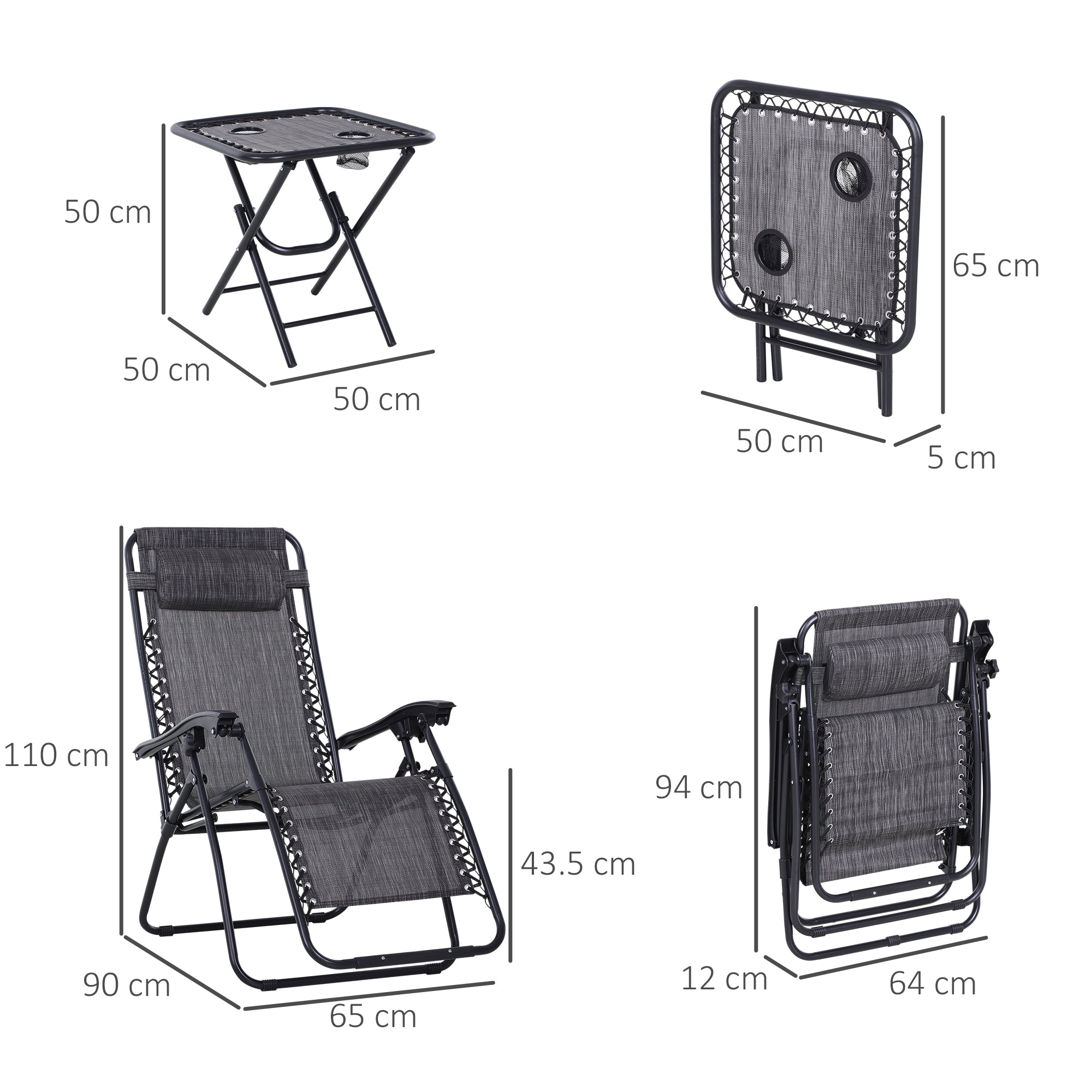 Folding Zero Gravity Chairs and Table Set with Cup Holders, Reclining Garden Yard Pool, Light Grey
