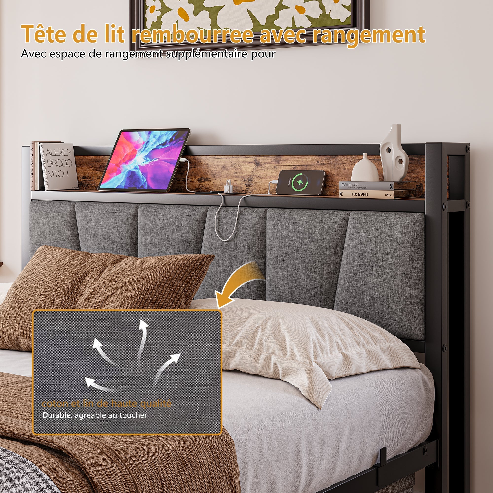 Bed Frame 140x190cm Smart LED Lights USB Charging Noise-Free Metal