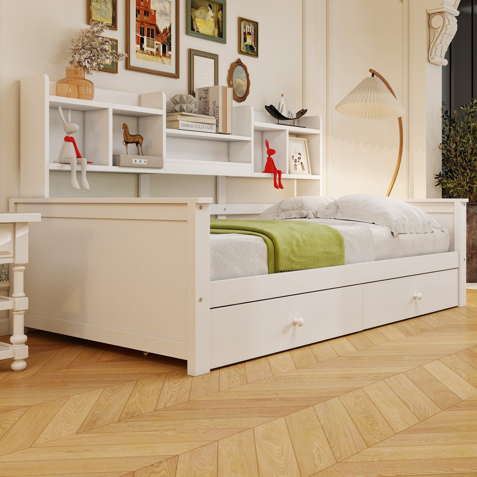 Solid Wood Sofa Bed 90x200 Storage Drawers Shelves White