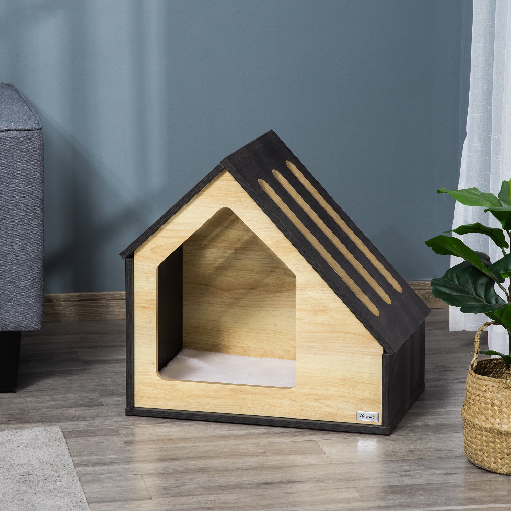 Hundehütte aus Holz, Katzenhöhle, Hundeschlafplatz, Kuschelkissen, 60 x 40 x 59,2 cm, Holz