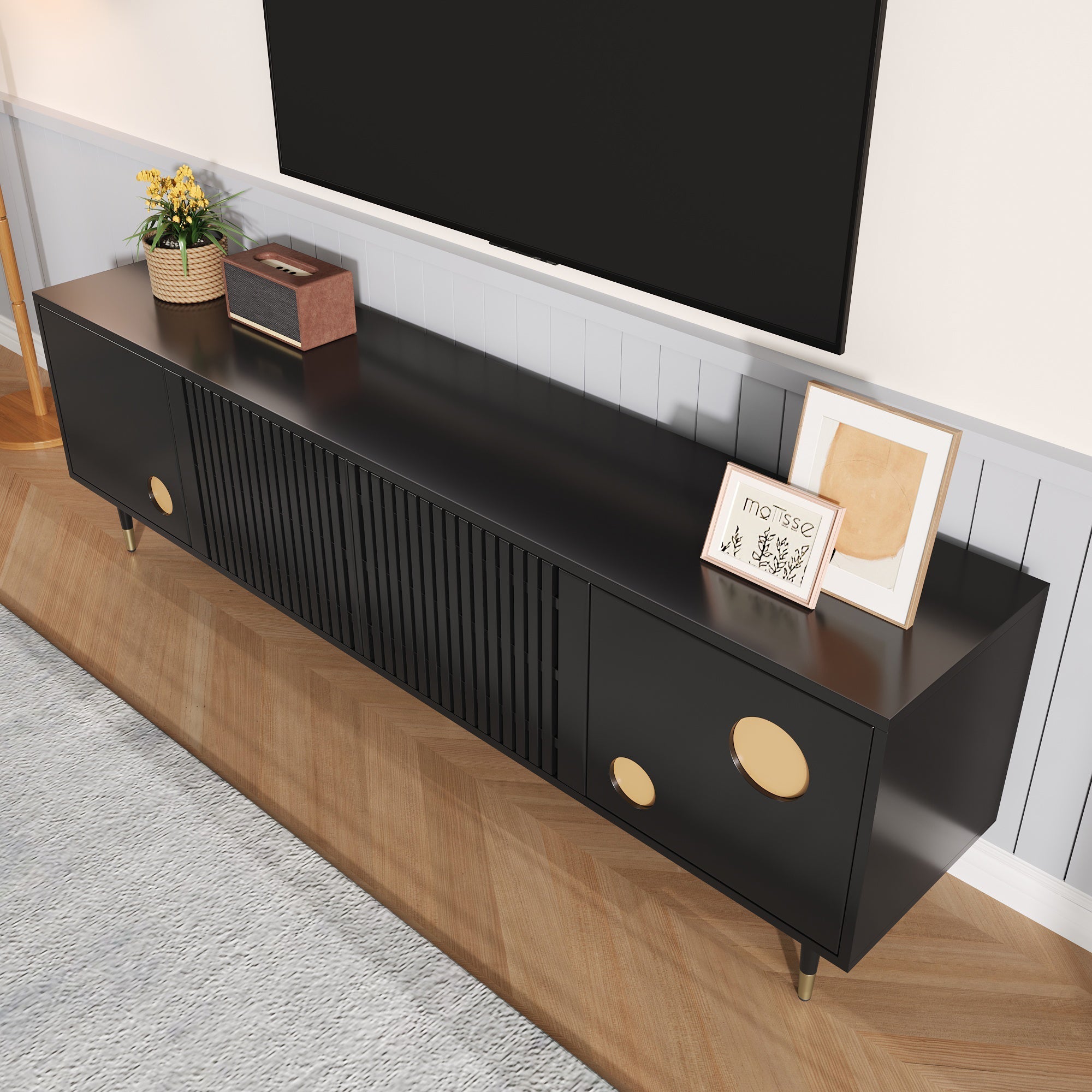TV Cabinet, Lattice, Hidden Handles, Gold Decor, Solid Wood