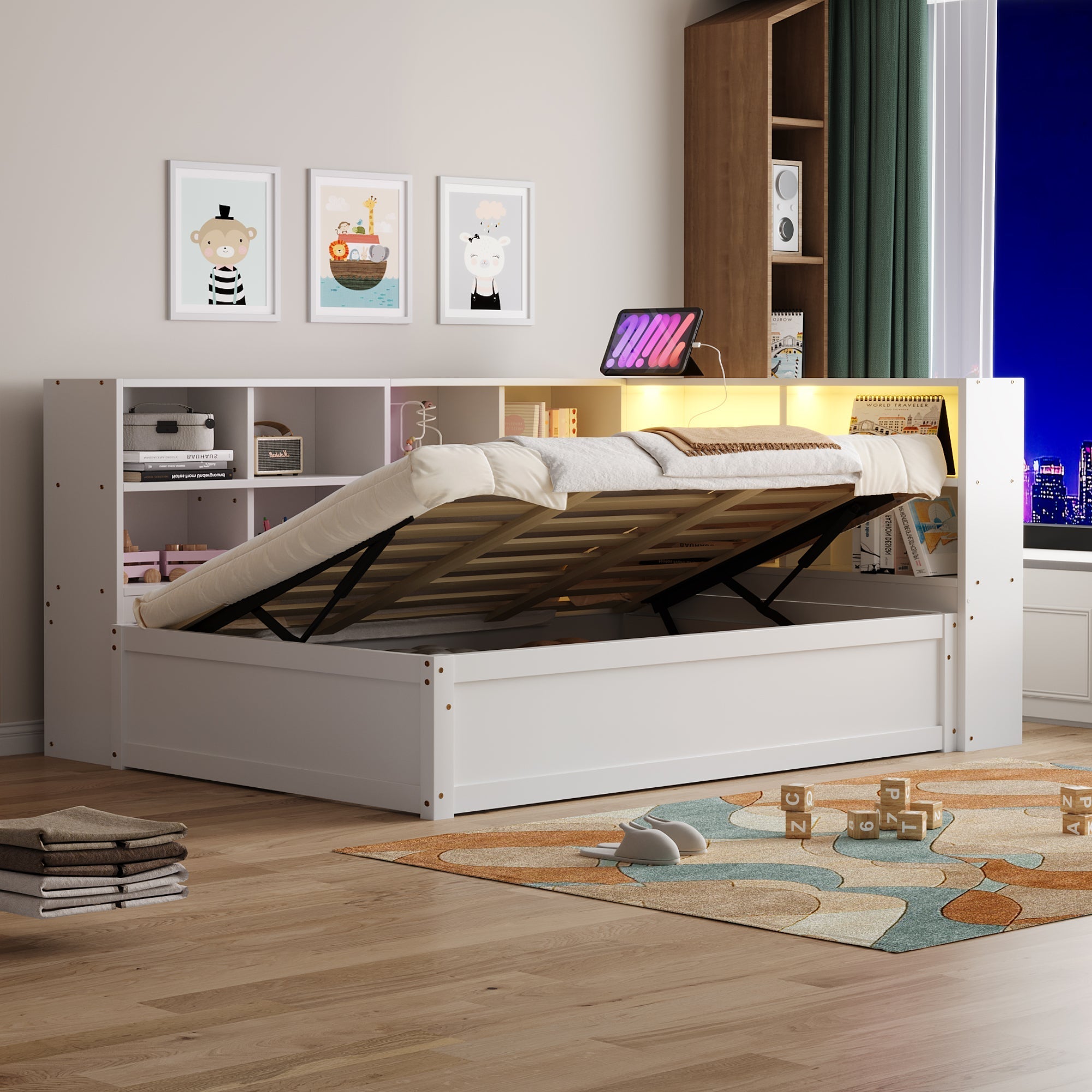 Sofa Bed, 90x200 Multifunctional with Sockets, Storage, Light Bar, Hydraulic, Solid Wood, White