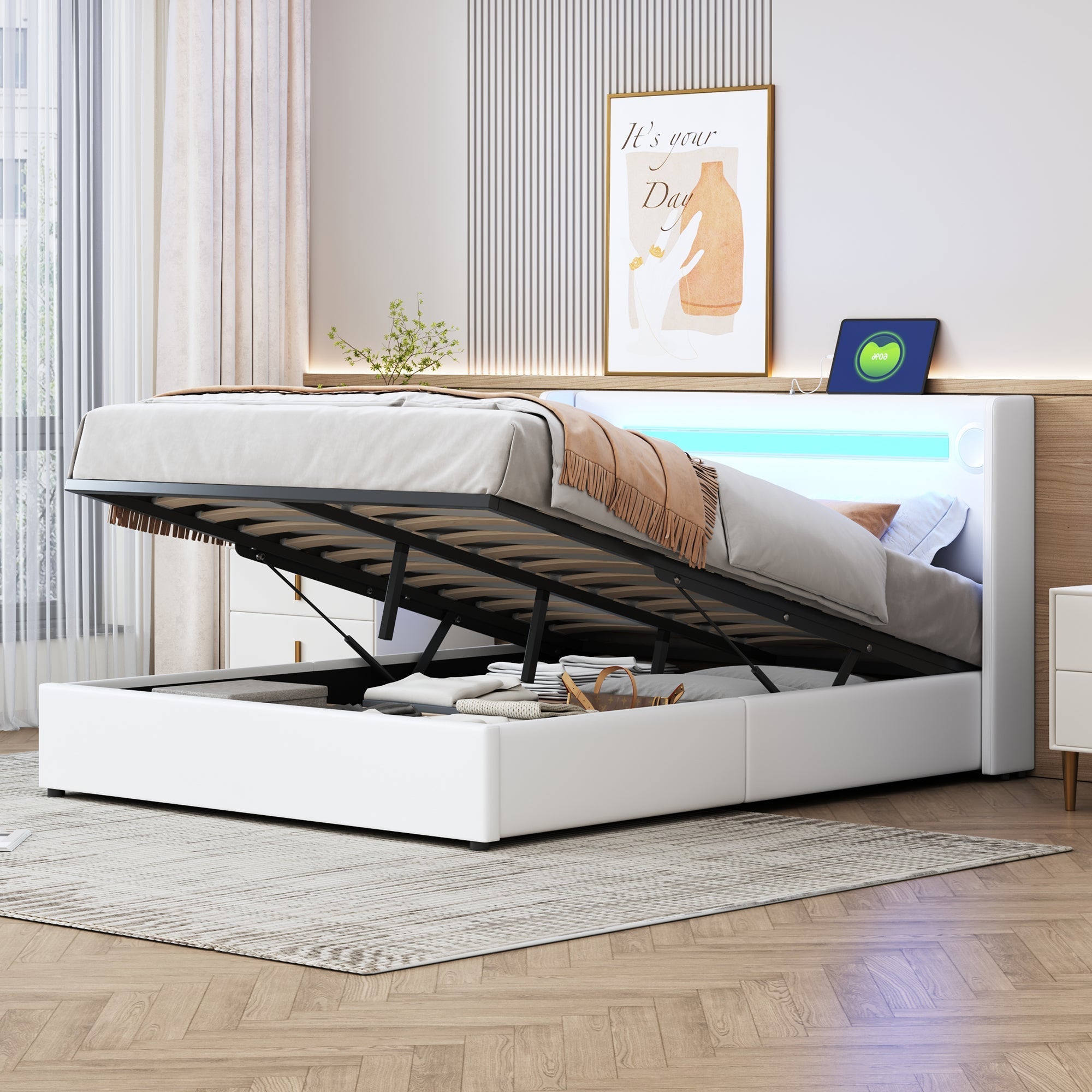 Upholstered Bed 140x200cm, LED & Bluetooth, Storage, White PU Leather