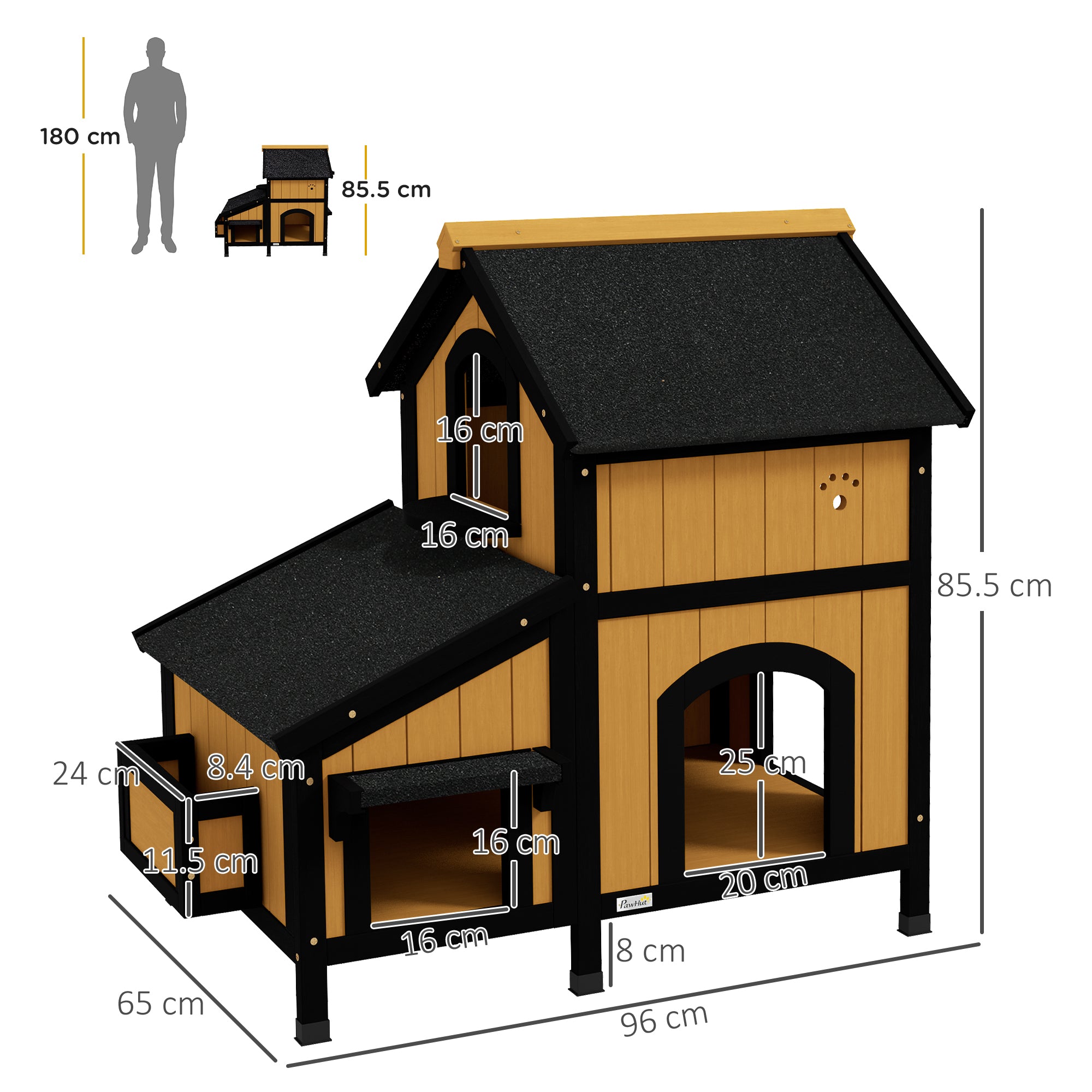 Katzenhaus, 2-stöckige Outdoor-Hütte mit Blumenkasten, Tannenholz Gelb