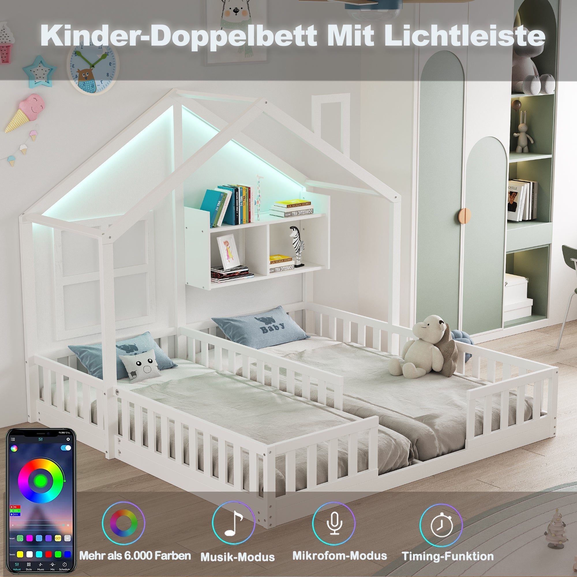 Wooden Children's Bed 90x200cm House Design LED Lighting Storage White