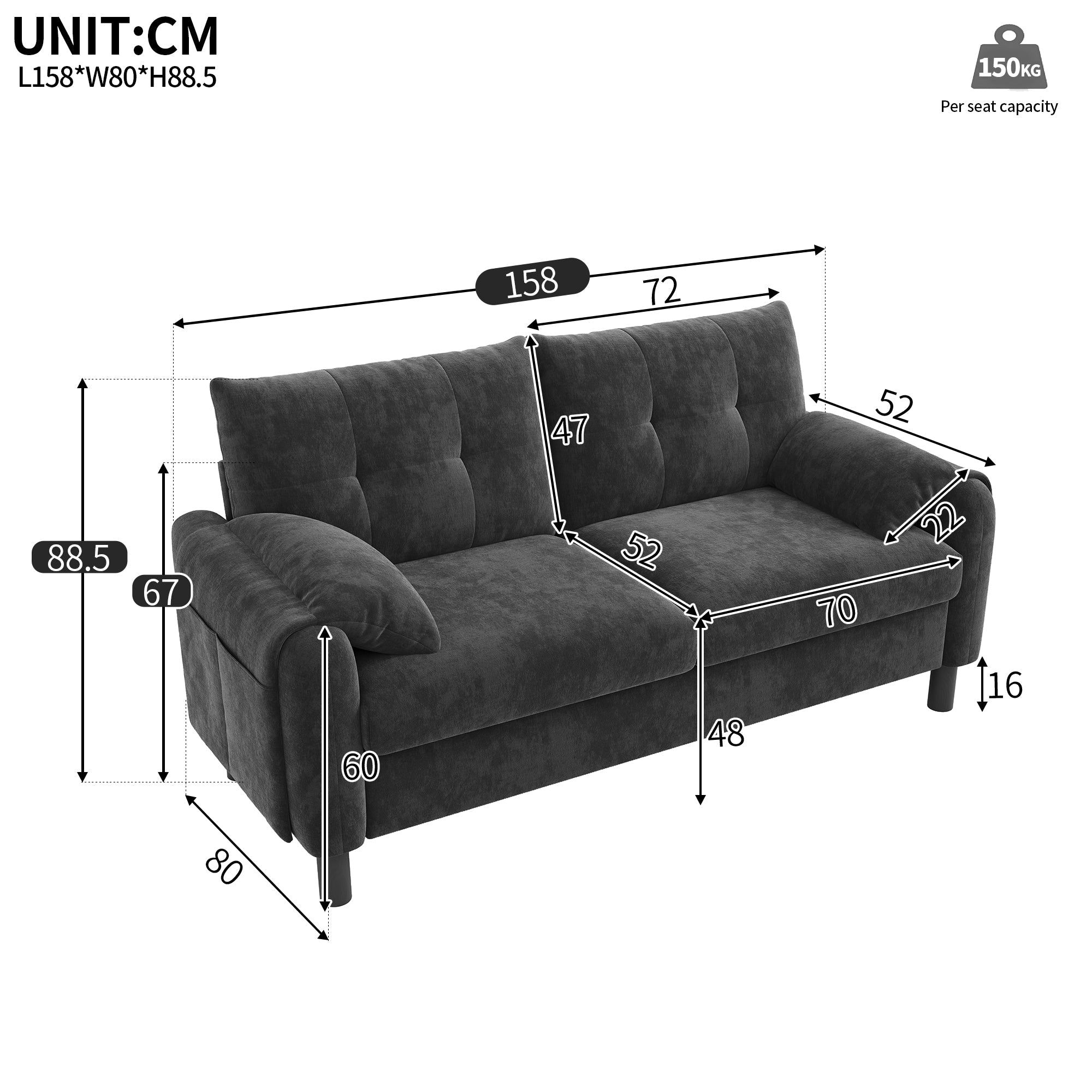 Modern 2-Seater Sofa, Thick Cushions, Scandinavian Design, Chenille Gray