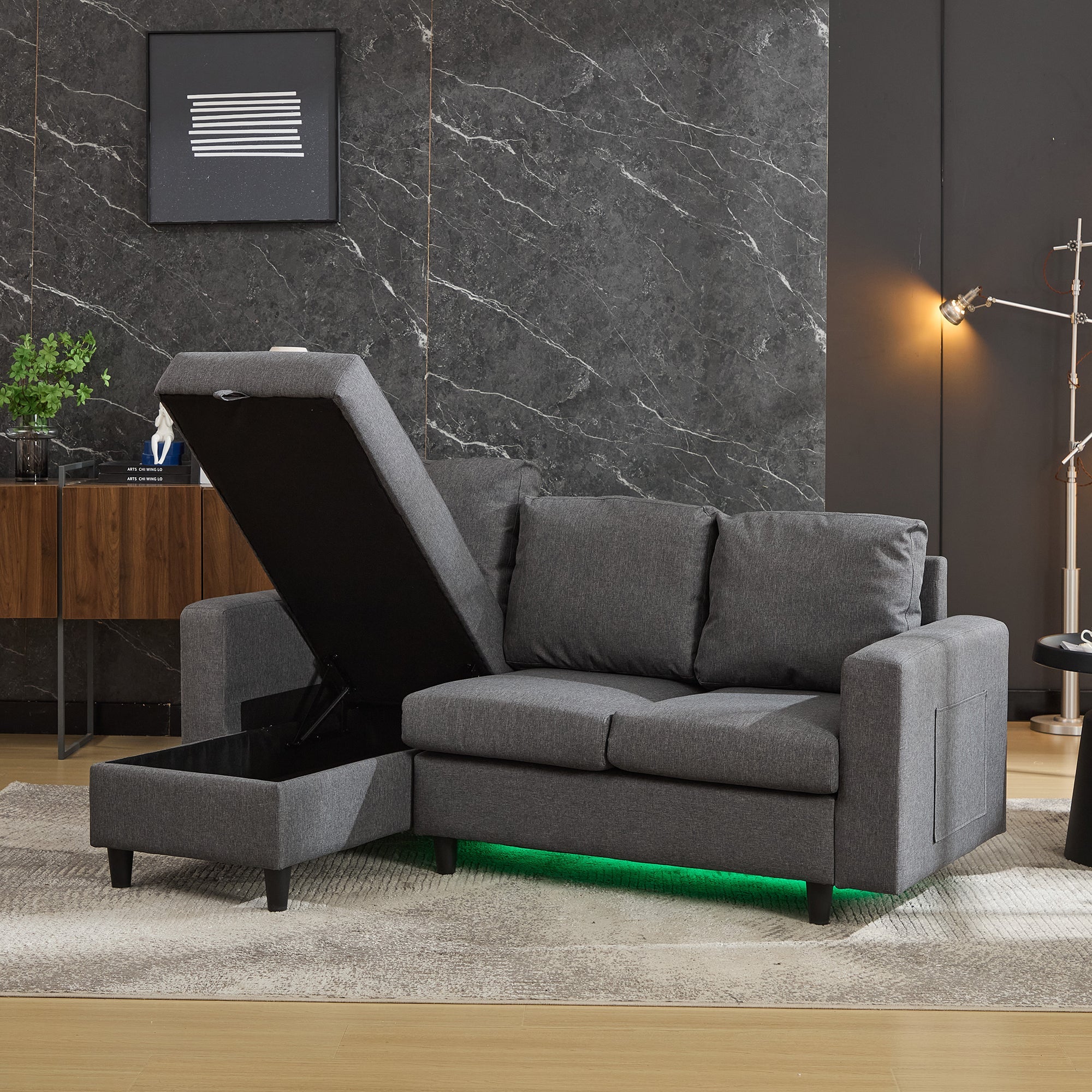 L-Shaped Sofa Bed, 3 Seater Convertible Sectional with Storage, USB & LED, Grey