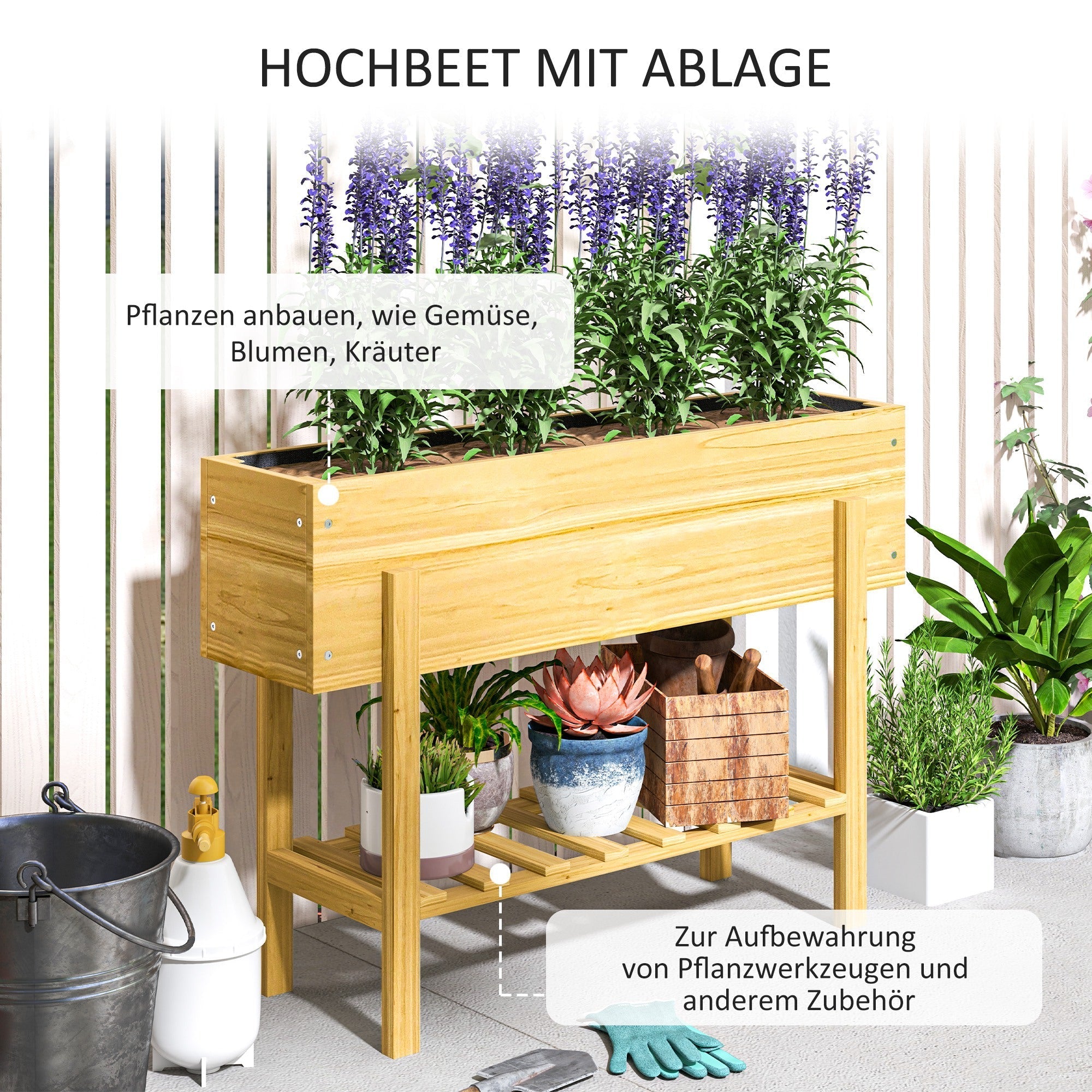 Raised Bed with Shelf, Herb & Vegetable Planter, Natural Wood