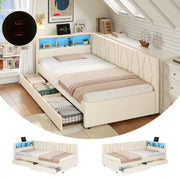 3ft Single Daybed with Two Storage Drawers, LED Modern Bed Frame with Charging Station, Linen, Beige
