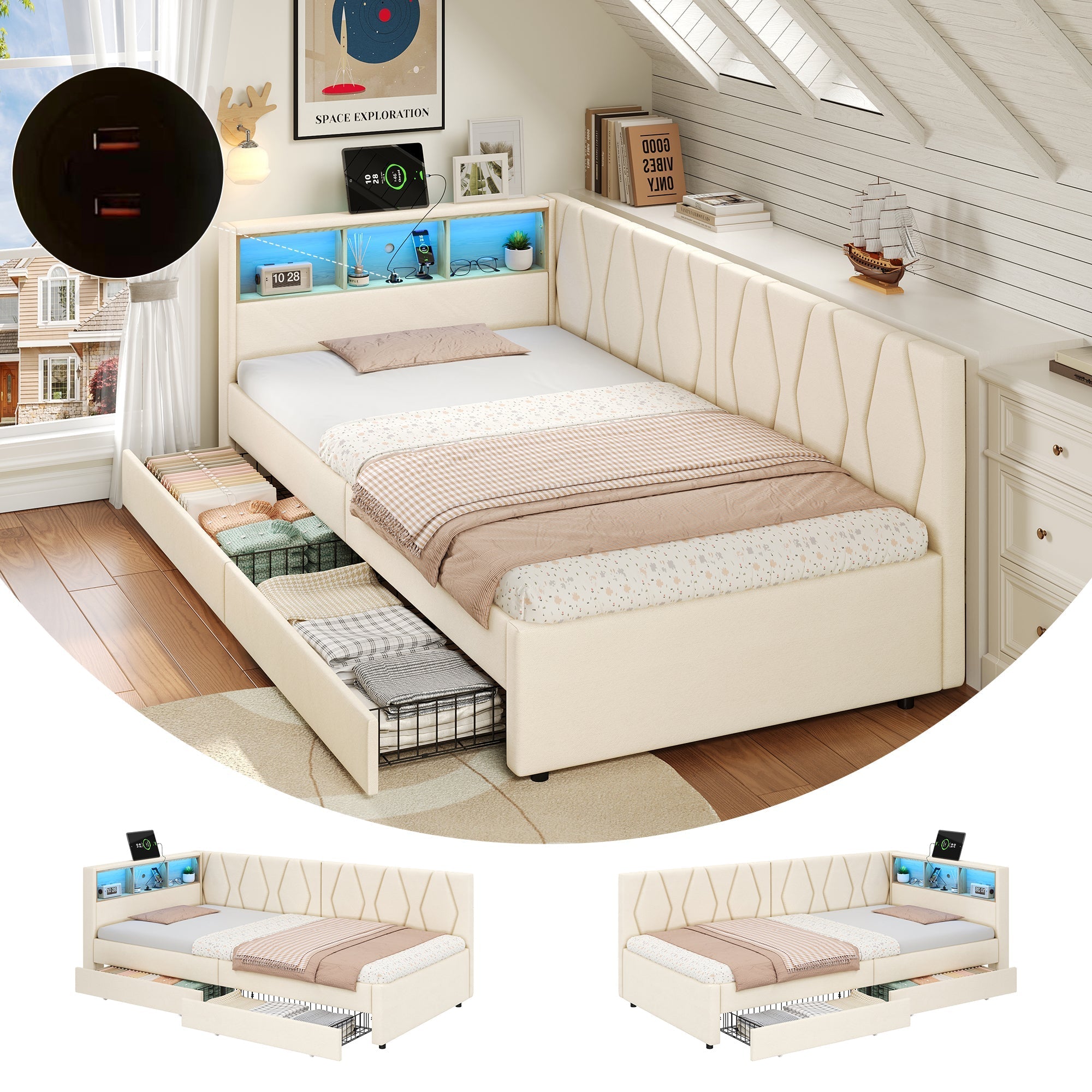 3ft Single Daybed with Two Storage Drawers, LED Modern Bed Frame with Charging Station, Linen, Beige