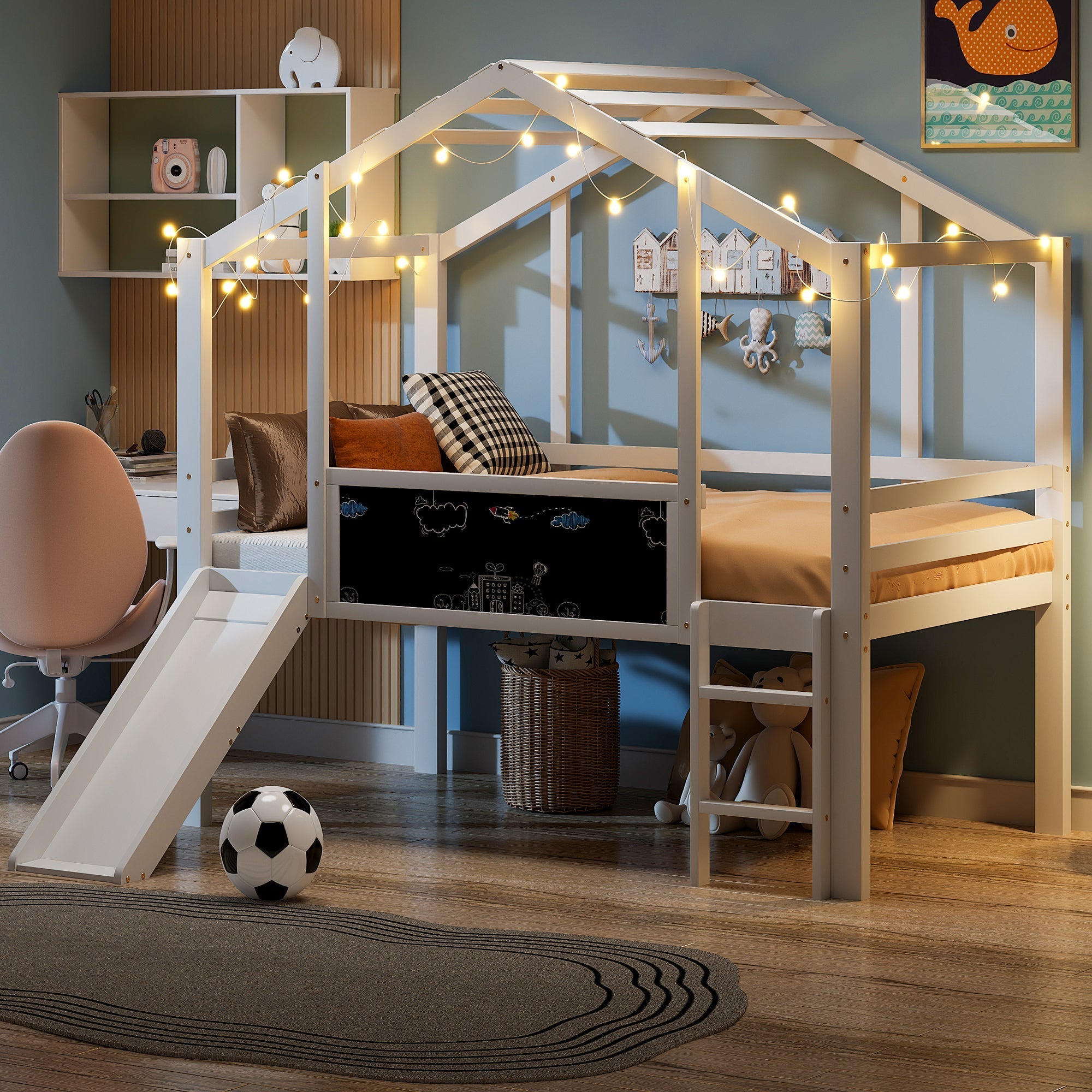Children's Bed Attic Design, Ladder, Slide, Graffiti Board, Multifunctional Solid Wood, White