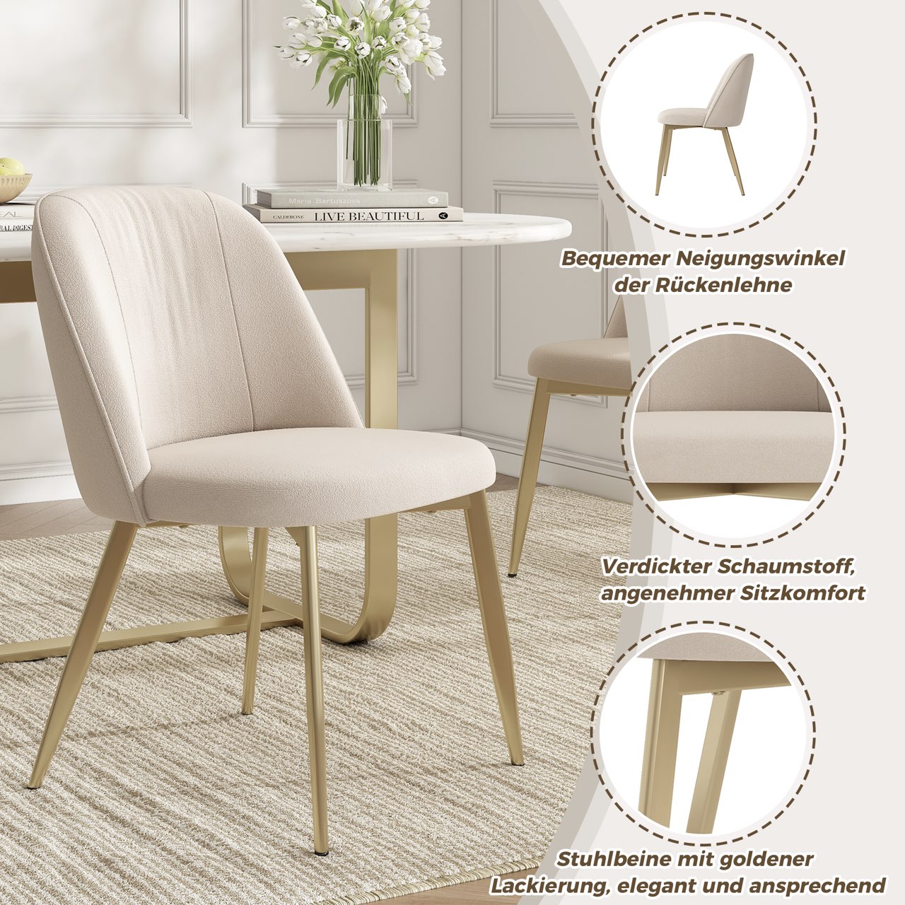 4 Dining Chairs, Comfortable and Modern for Dining Room, Beige and Gold Velvet Fabric