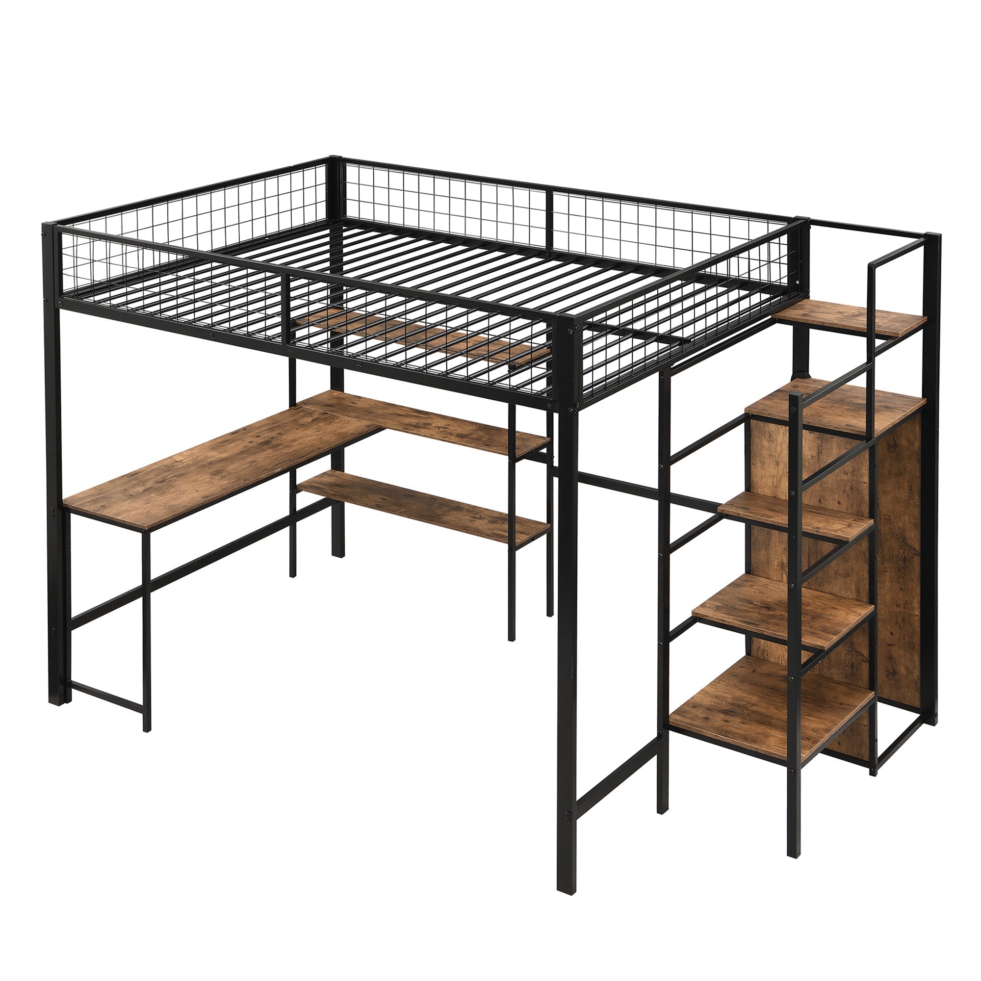 Loft Bed 140x200cm Iron Frame with Storage Ladder Shelves Wardrobe Desk Black