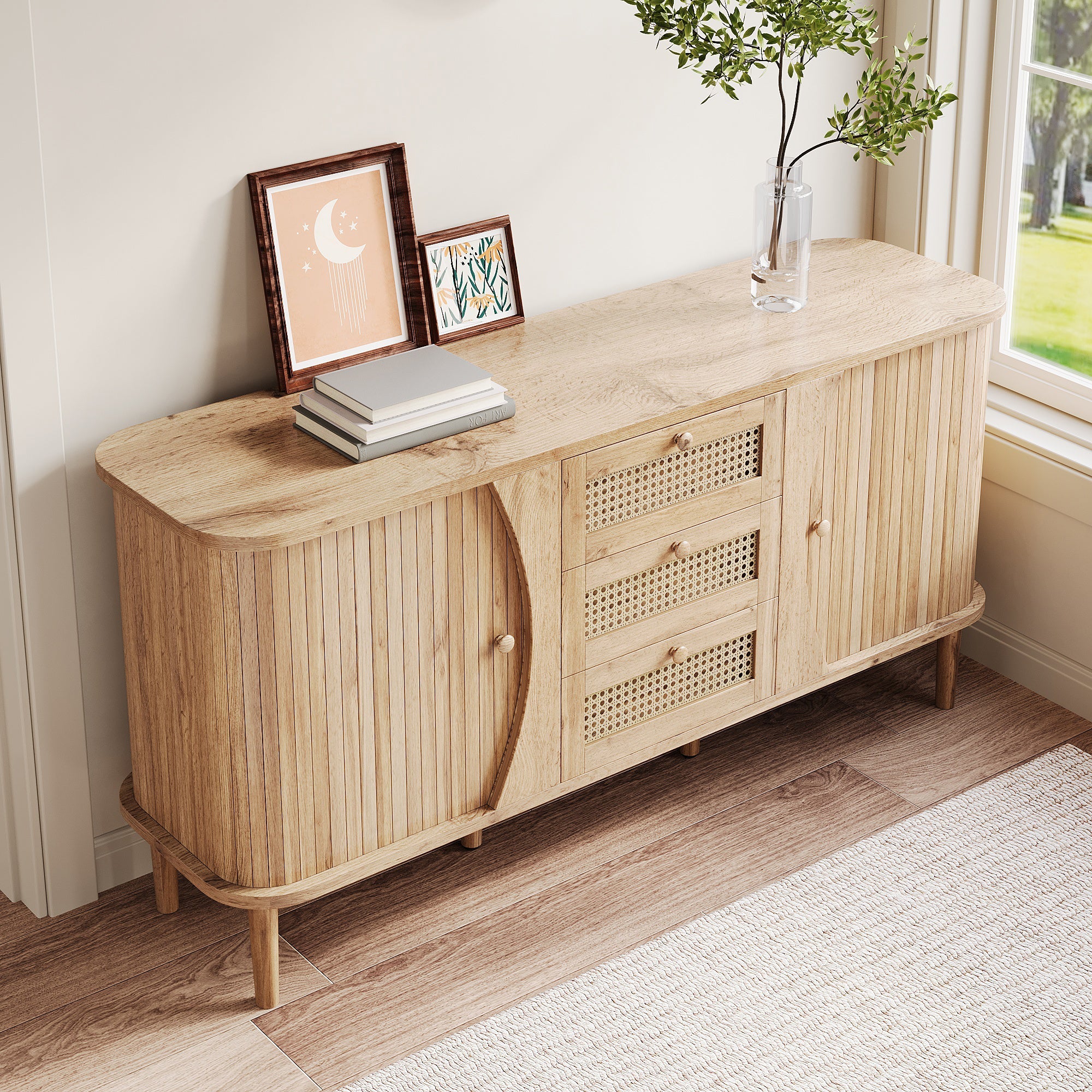 Sideboard Rattan Sliding Door Chest, Adjustable Shelves Rounded Top