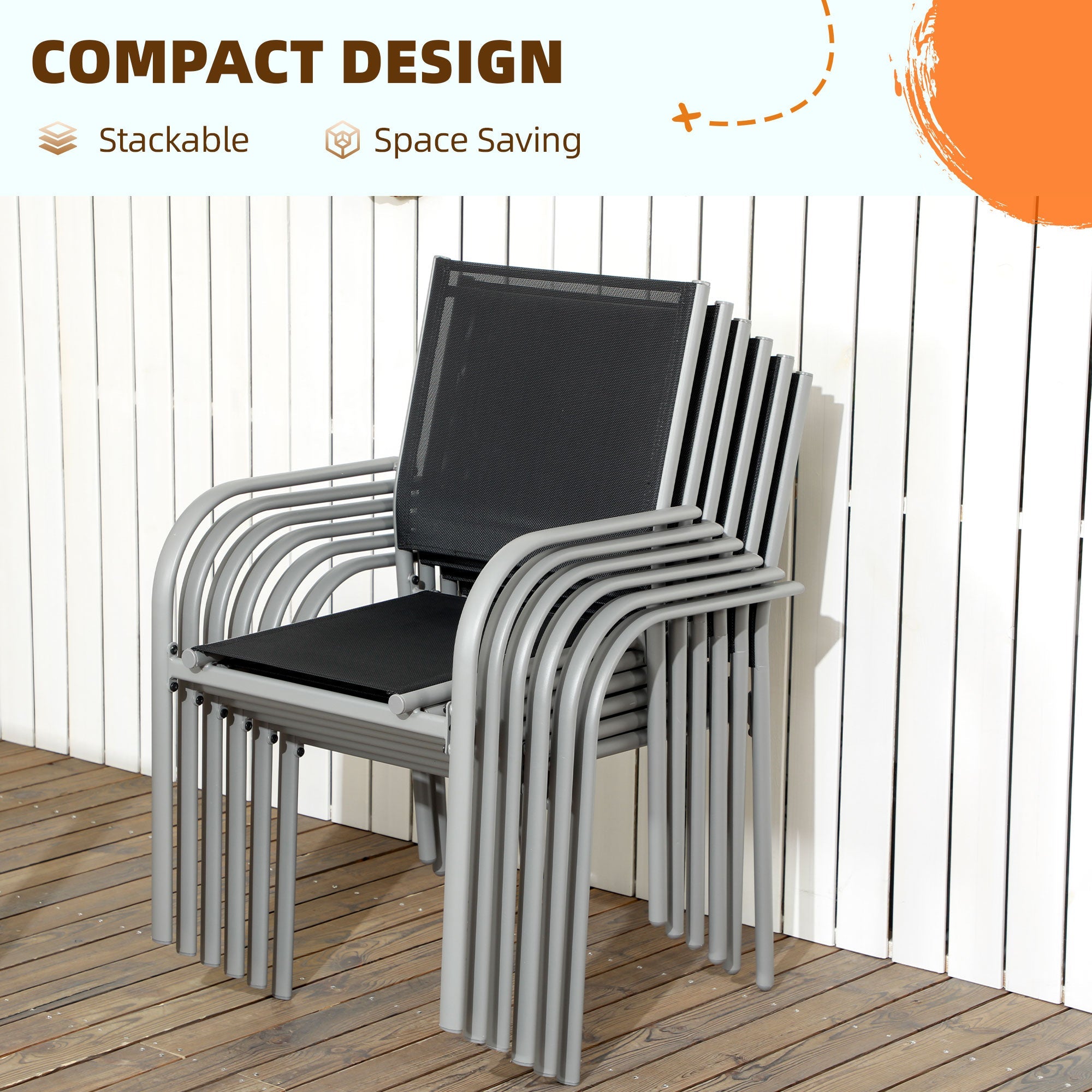 7 Piece Outdoor Garden Dining Set with Table & 6 Stackable Chairs, Steel Frame & Black Glass