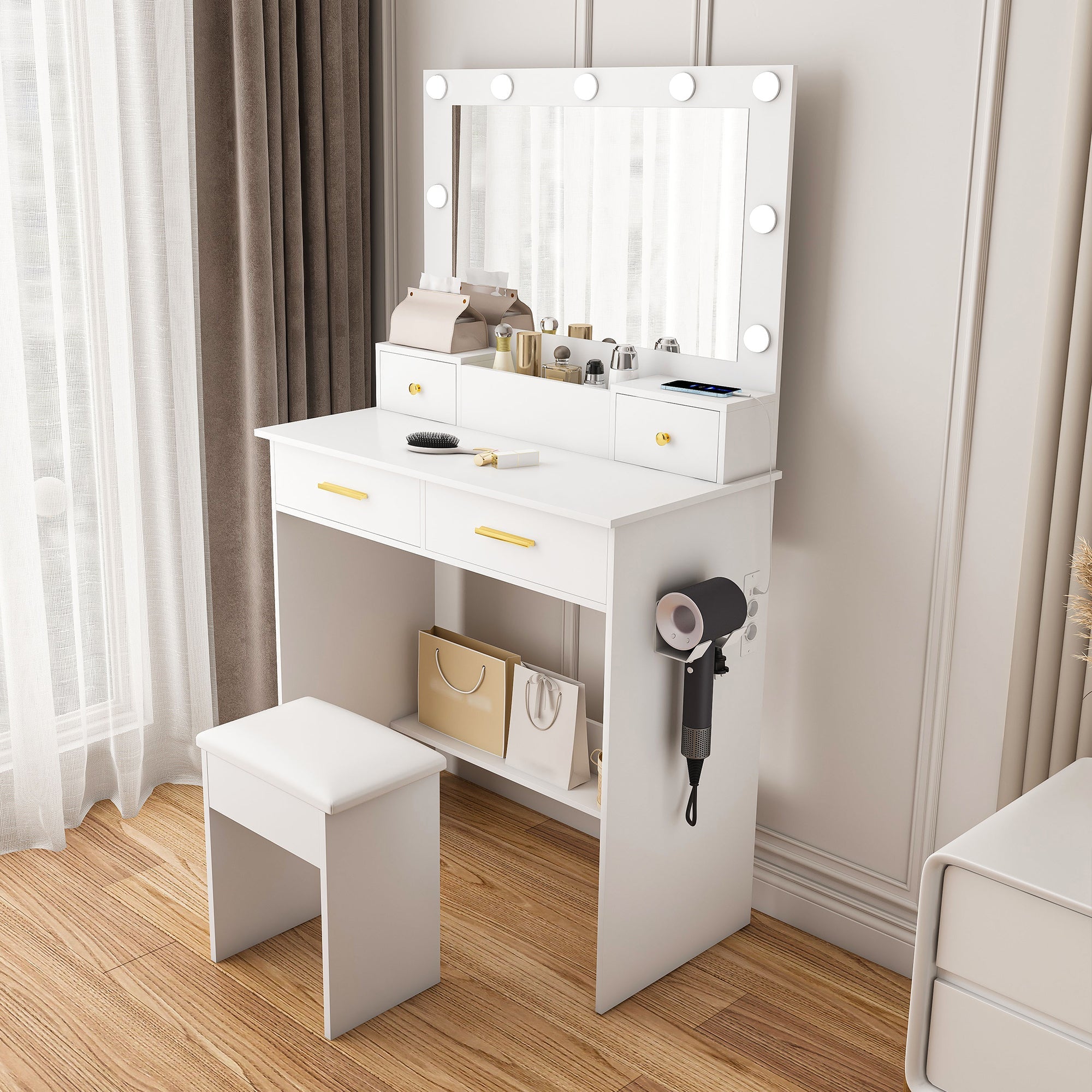 Dressing Table with LED Light, Power Outlet, 4 Drawers & Stool, White