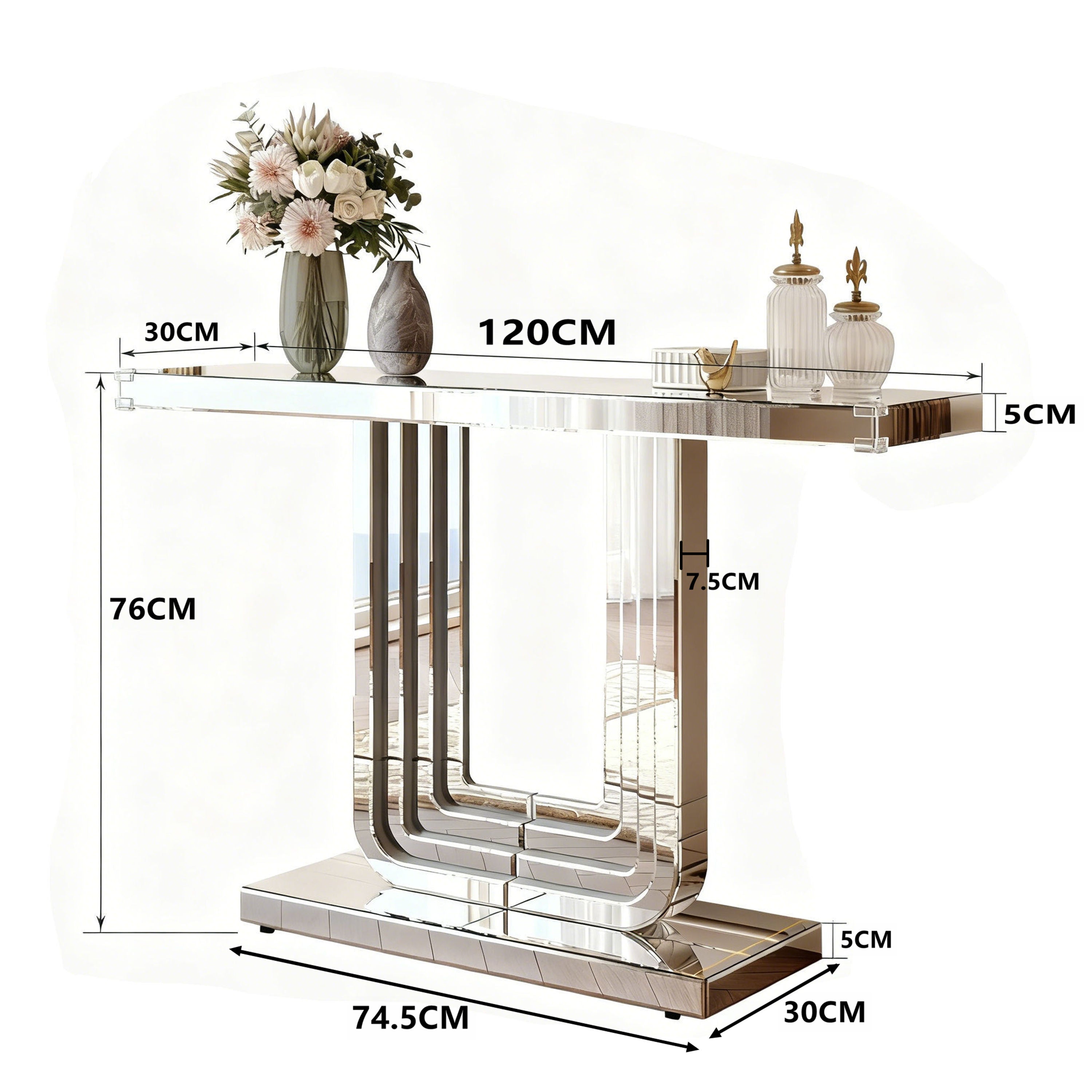 Mirrored Console Table 120cm Modern U-Shape - Silver