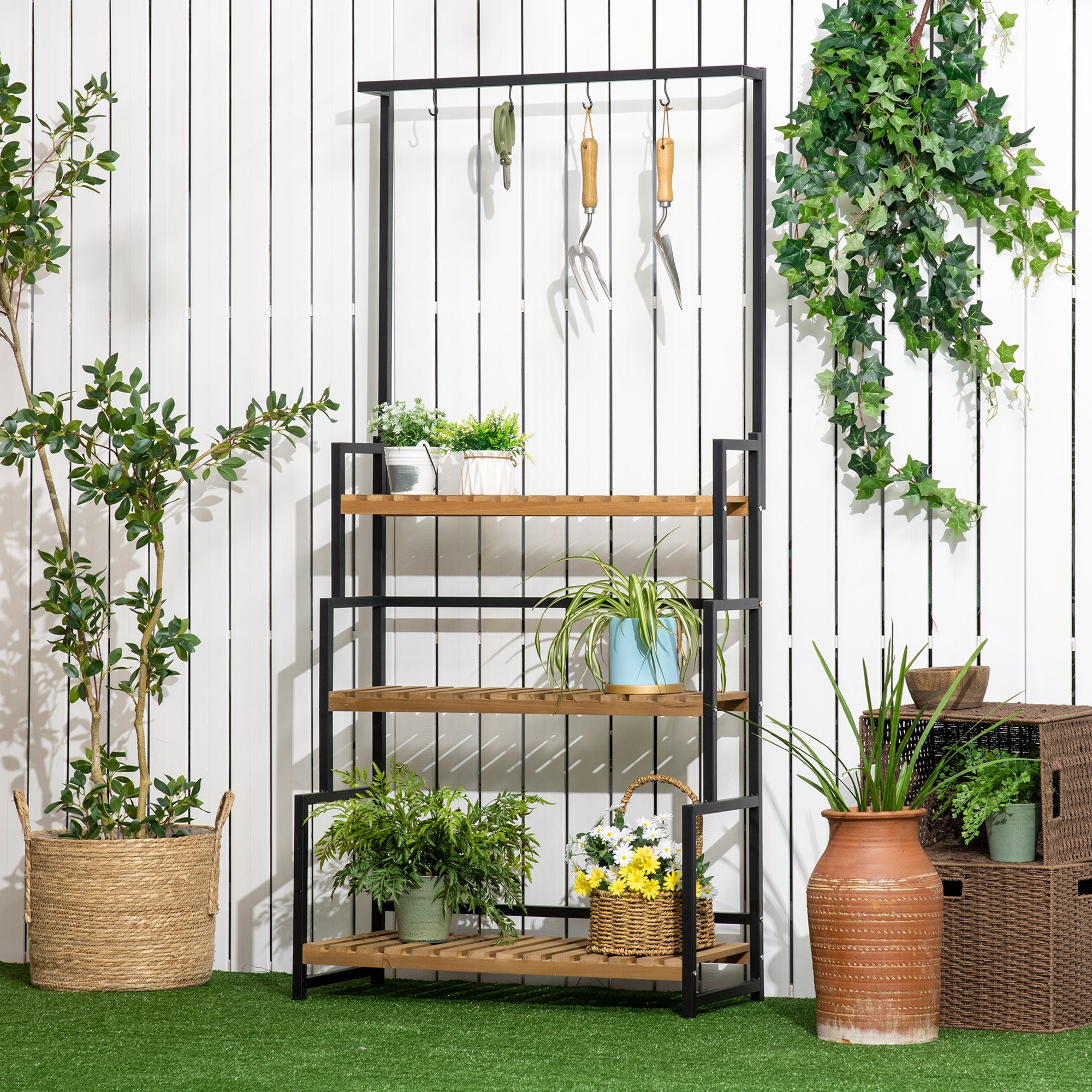 3 Tiered Plant Stand with Hanging Hooks, Indoor Outdoor Flower Rack Shelf