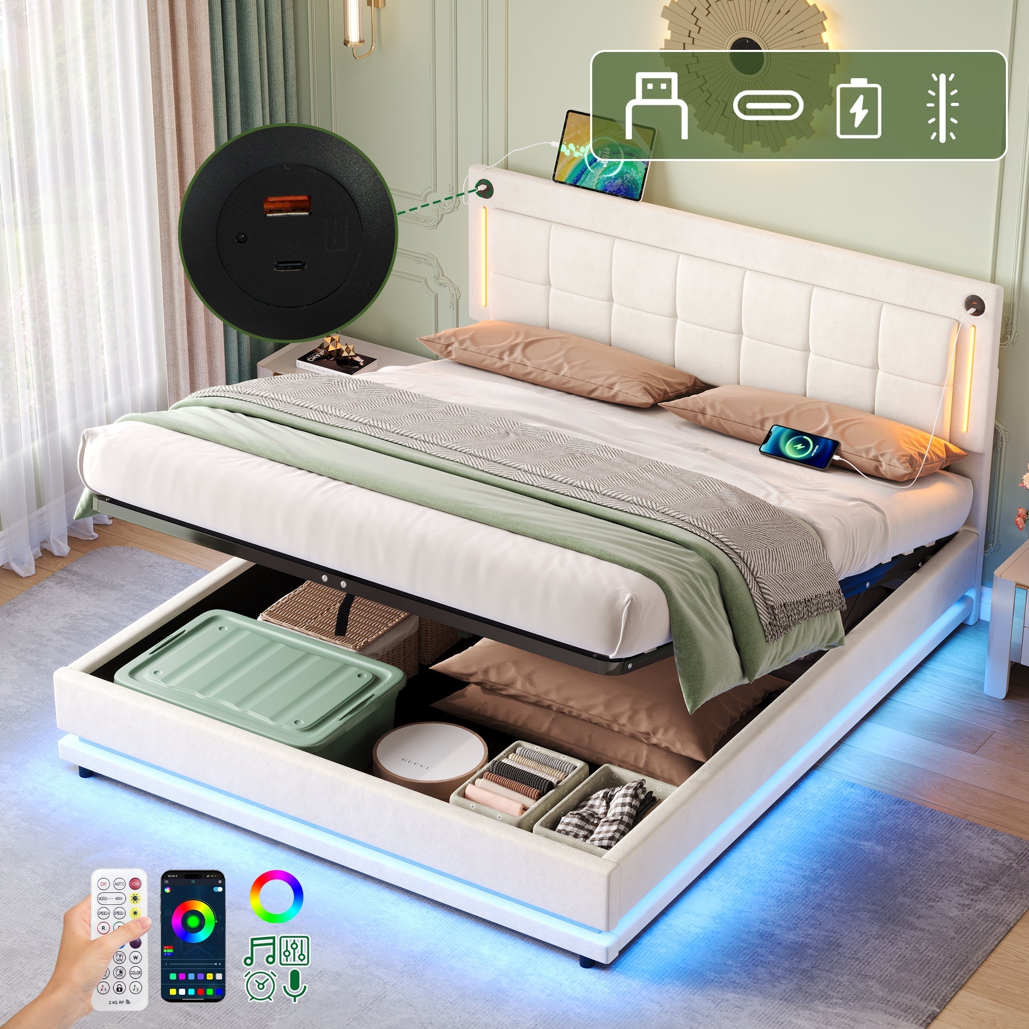 5ft King LED Hydraulic Bed with Charging Station, Adjustable Square Tufted Headboard with Intelligent Control Light, Soft Velvet Bed Frame with USB and Type-C Ports, Beige