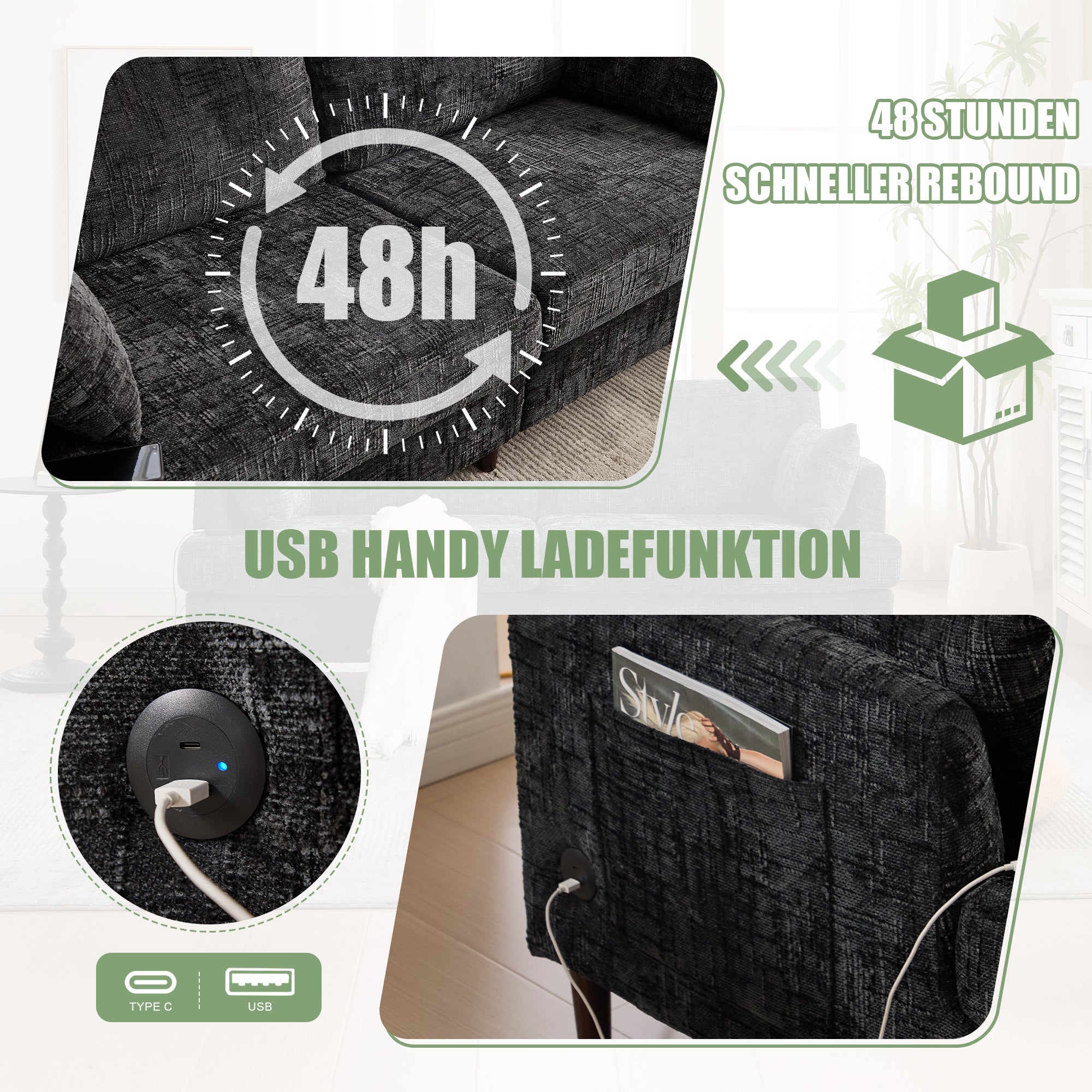 Sofa, 2-Seater with Wooden Legs, LED Light, USB, Storage Bag, Chenille