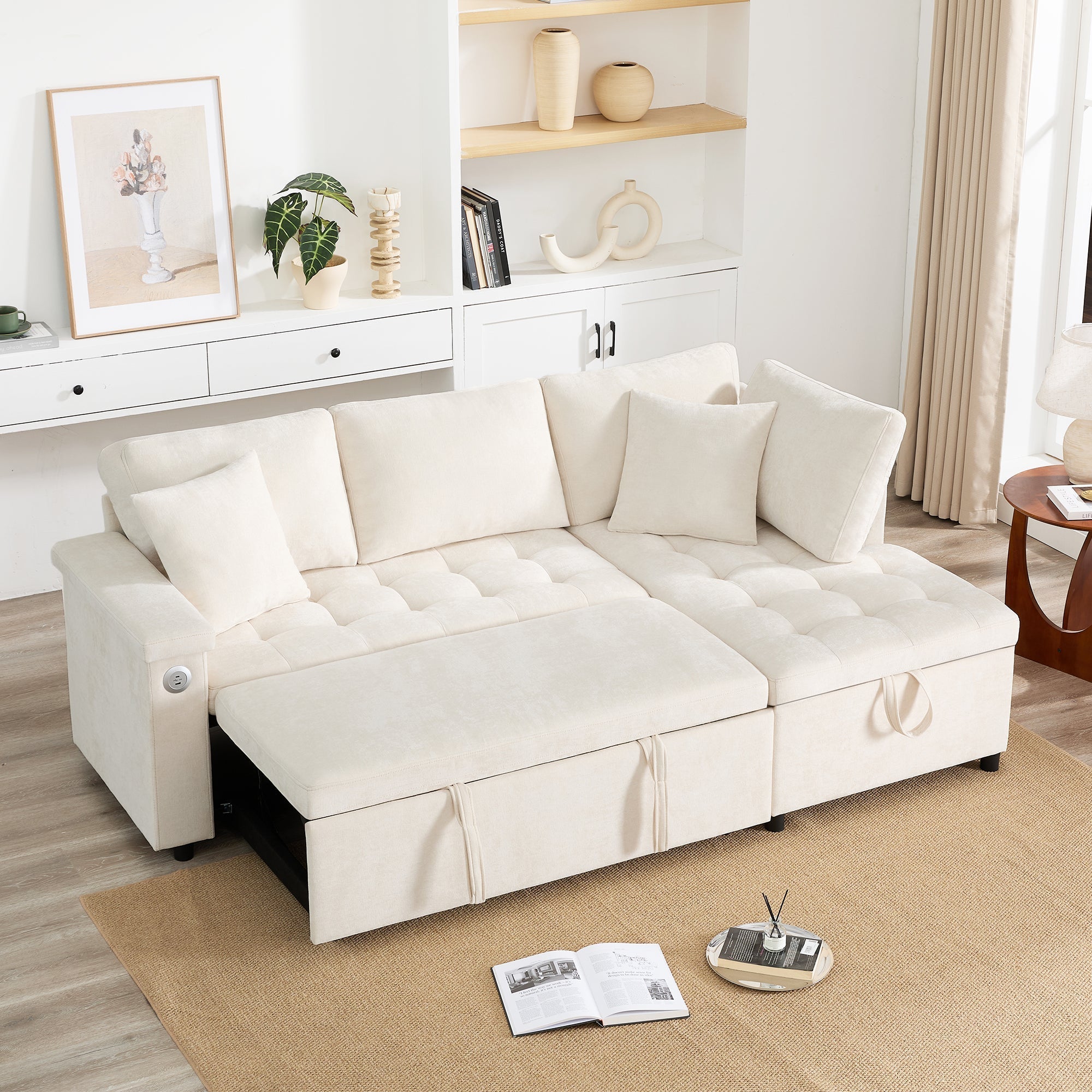 Modern L-shaped Sofa Bed with Storage, USB Charger, and Cushions, Beige