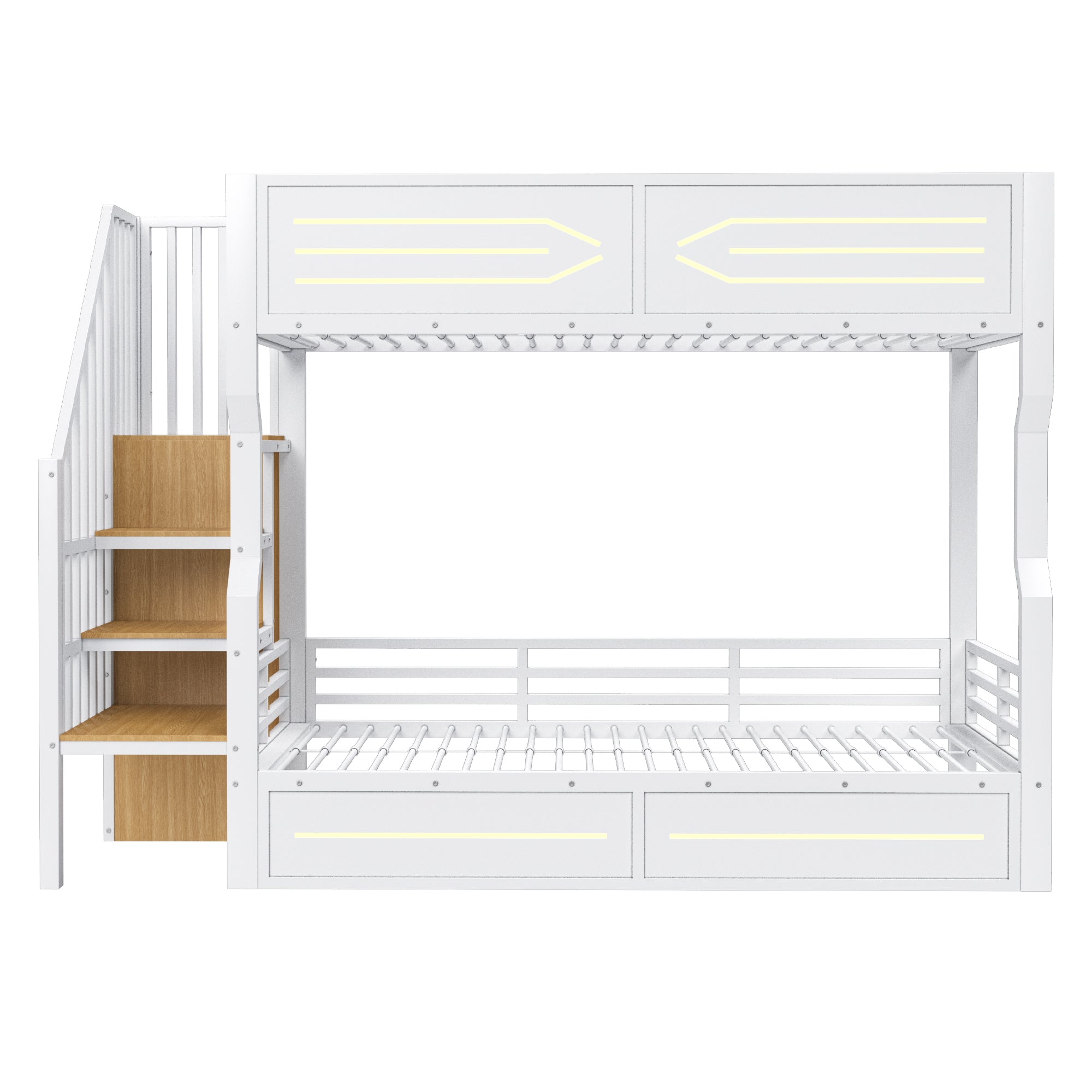 Iron Bunk Bed with Cabinet-Style Storage Stairs and LED Lighting, 90x200cm, White