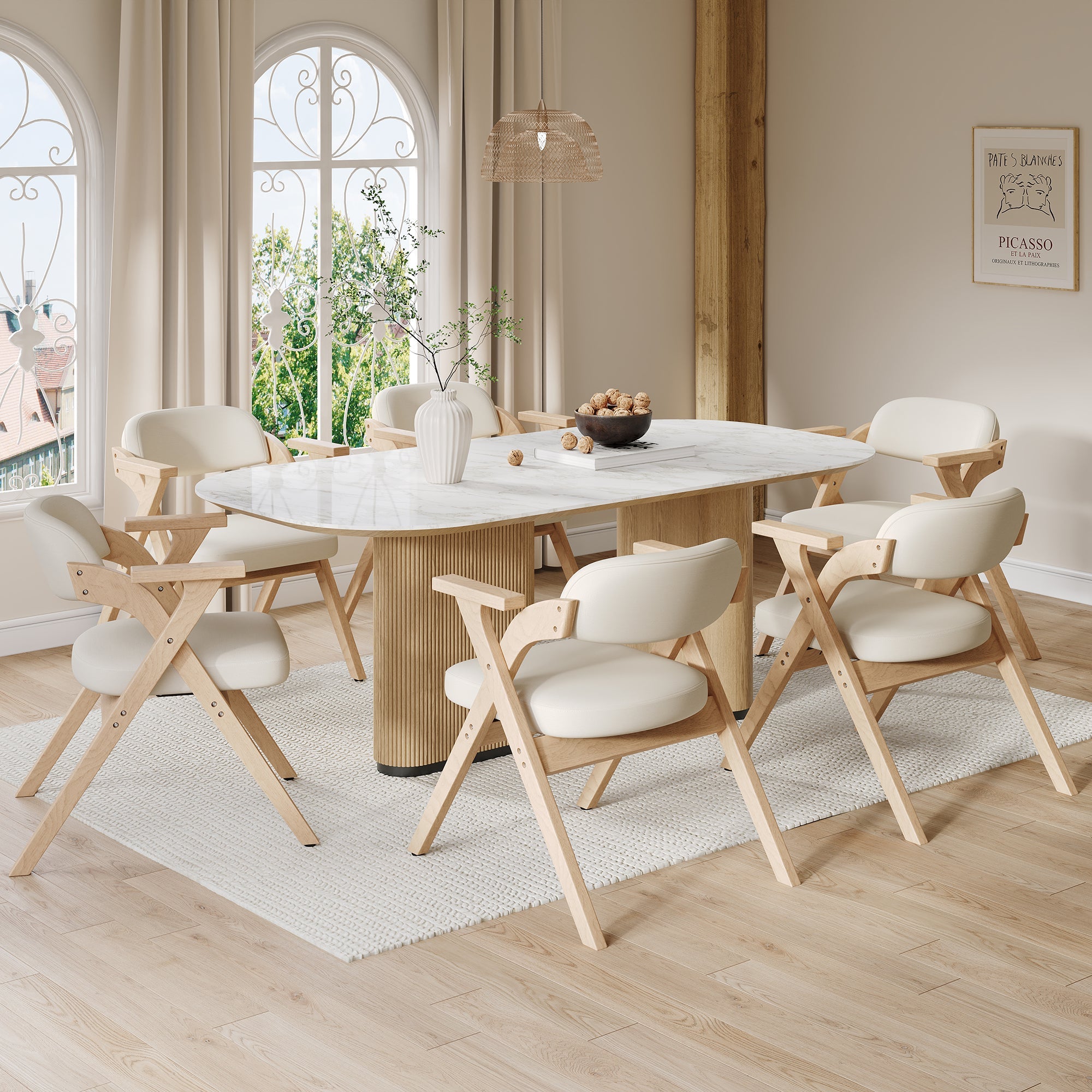 Set of 6 Solid Wood Folding Dining Chairs, Comfortable Padded High Back Portable Seating, Beige Linen