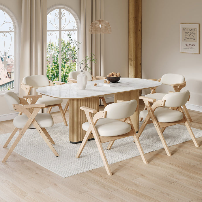 Set of 6 Solid Wood Folding Dining Chairs, Comfortable Padded High Back Portable Seating, Beige Linen