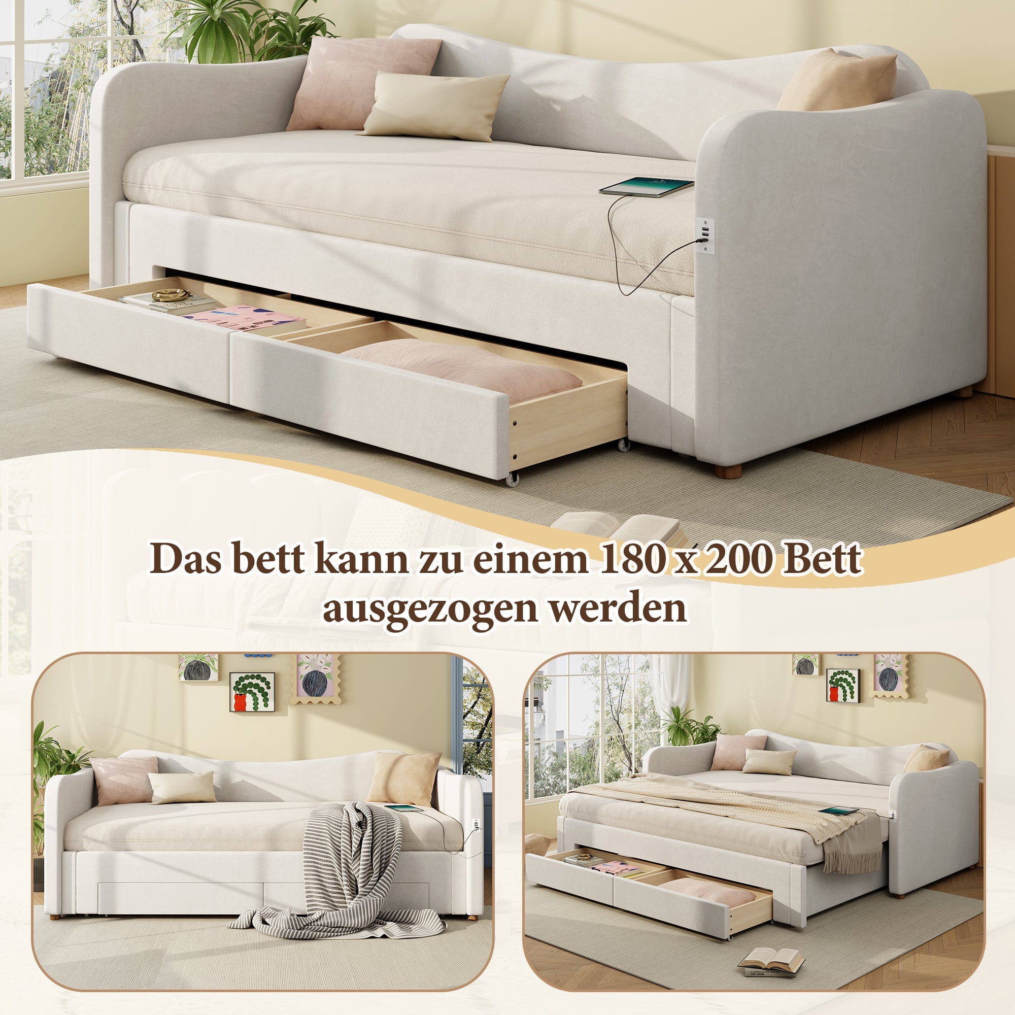 Upholstered Daybed with 2 Drawers, USB Port, 90x200cm Extendable to 180cm, Beige Velvet