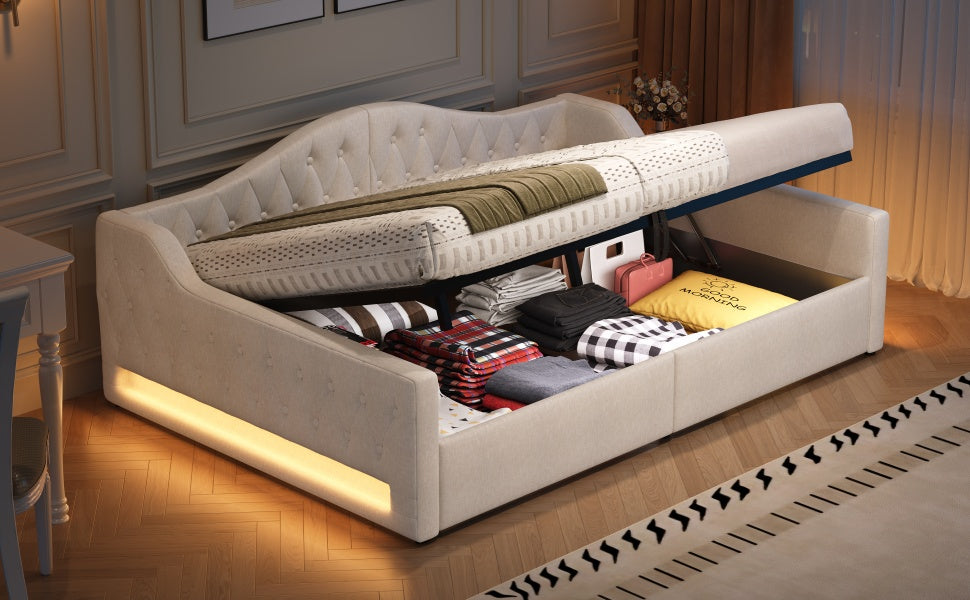Upholstered Daybed 140x200 LED Storage - Beige