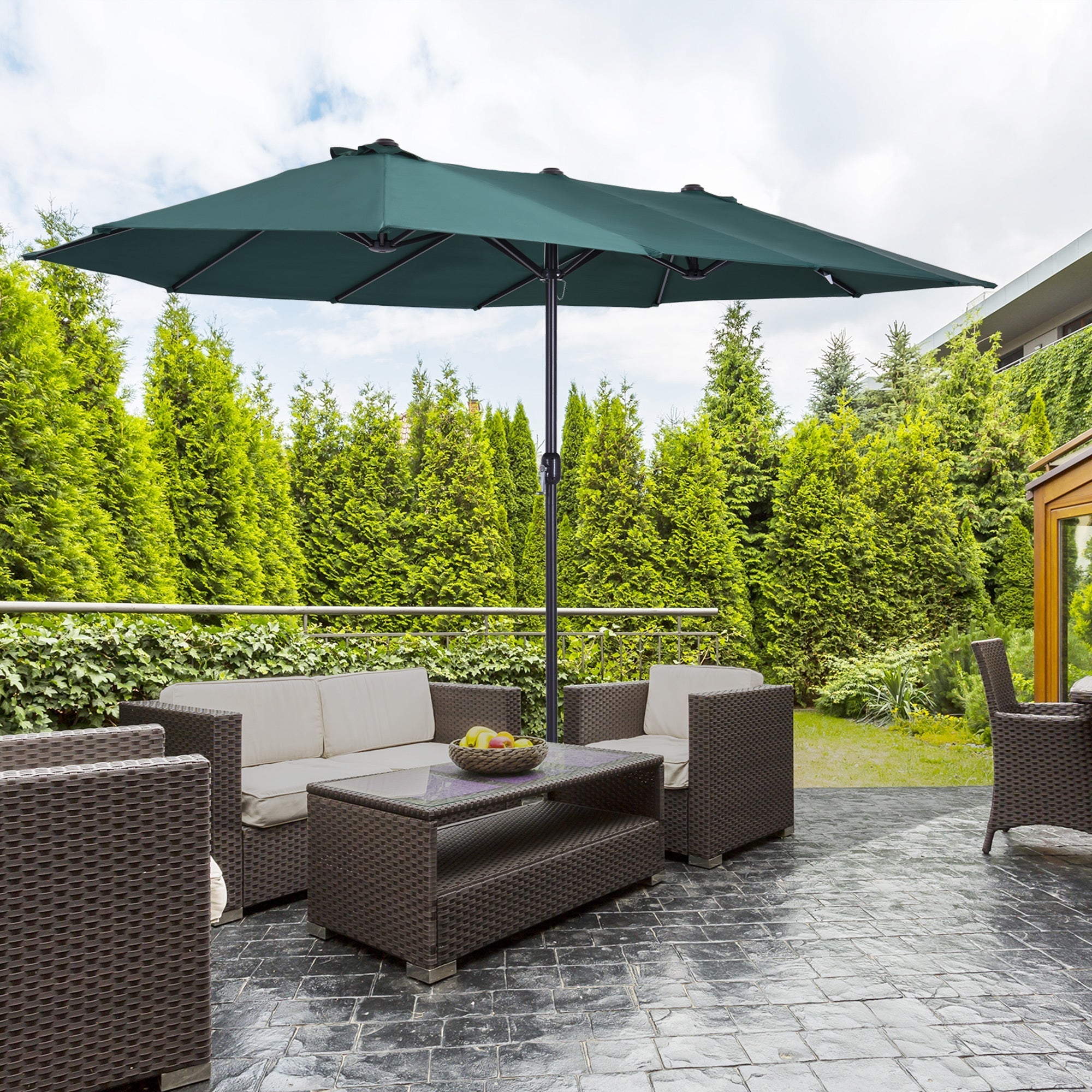 Double Patio Parasol with Hand Crank, Oval 460 x 270 x 240 cm, Dark Green