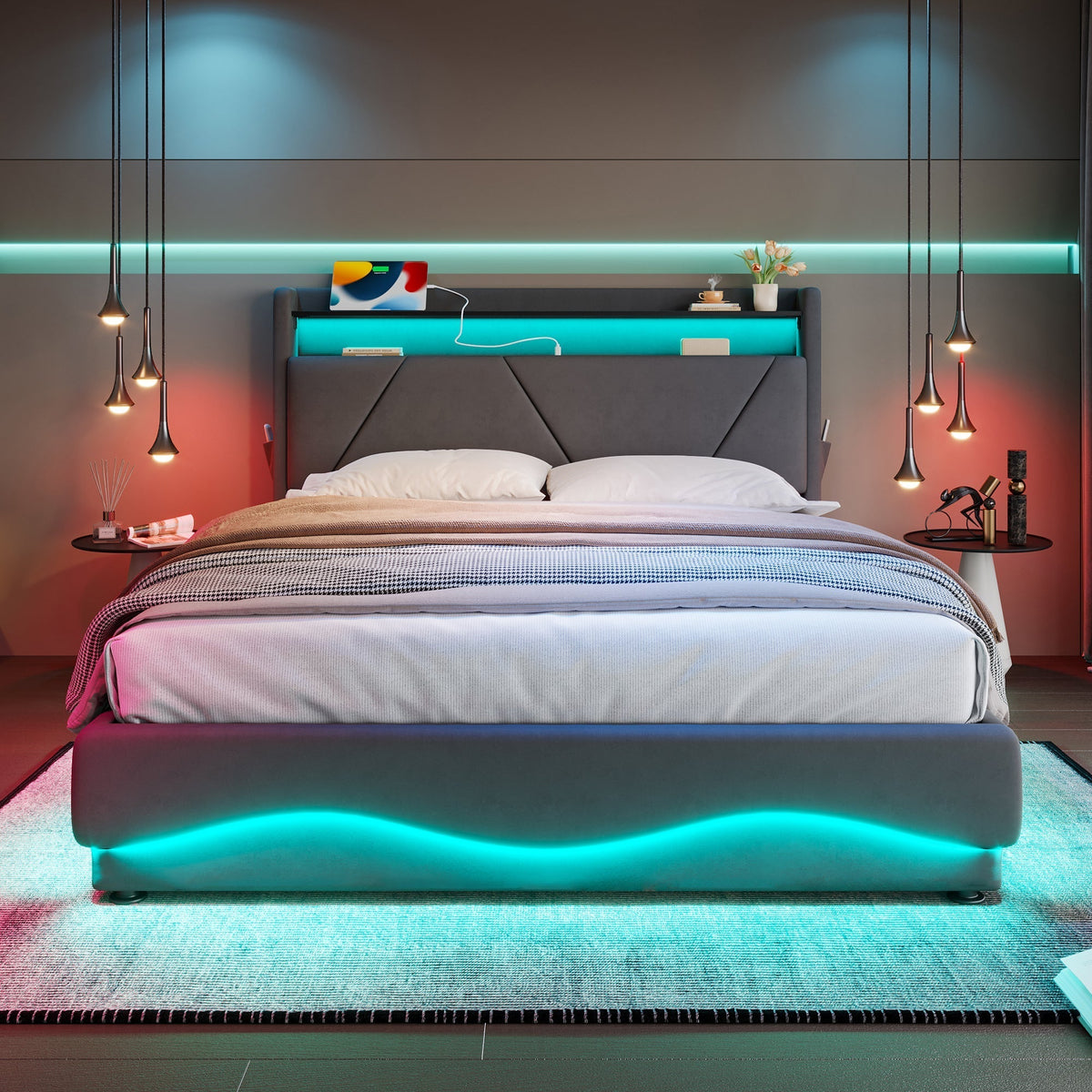Modern Upholstered Bed, LED Headboard Storage USB Ports, 160 x 200 cm
