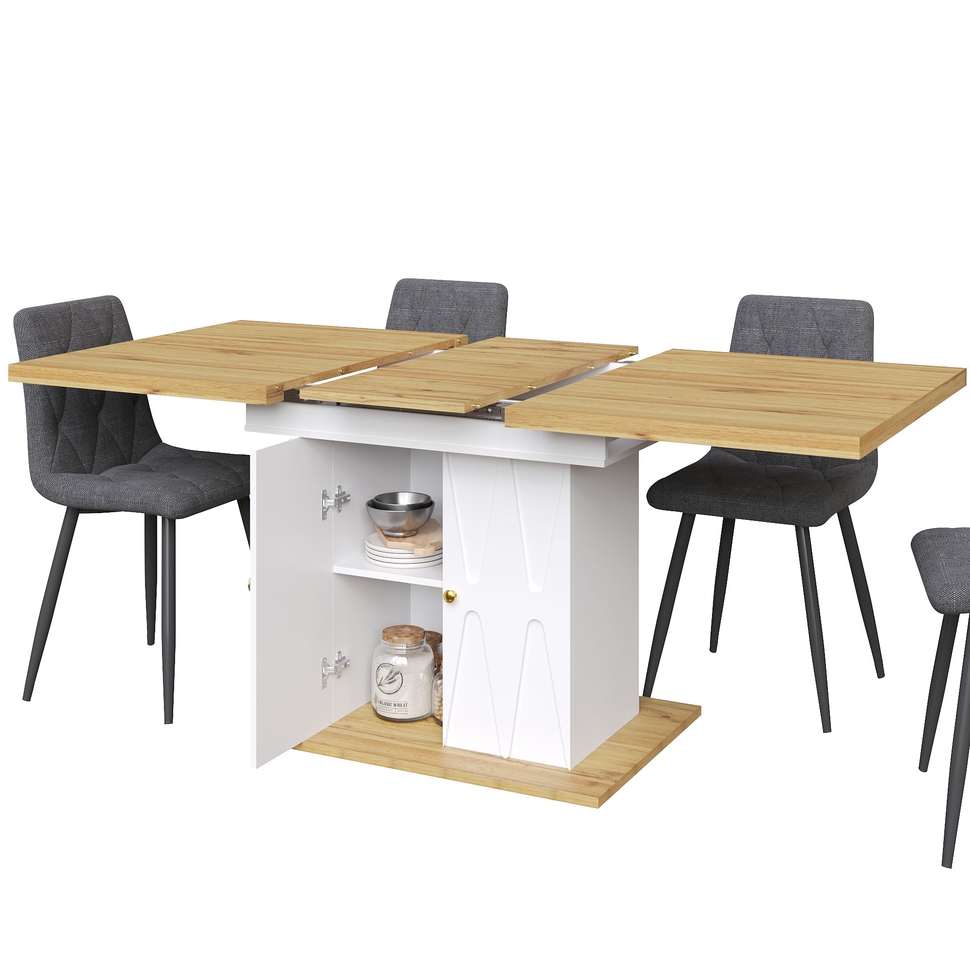 5-Piece Dining Set Extendable Table 110/140cm with 4 Chairs Cotton-Linen Grey