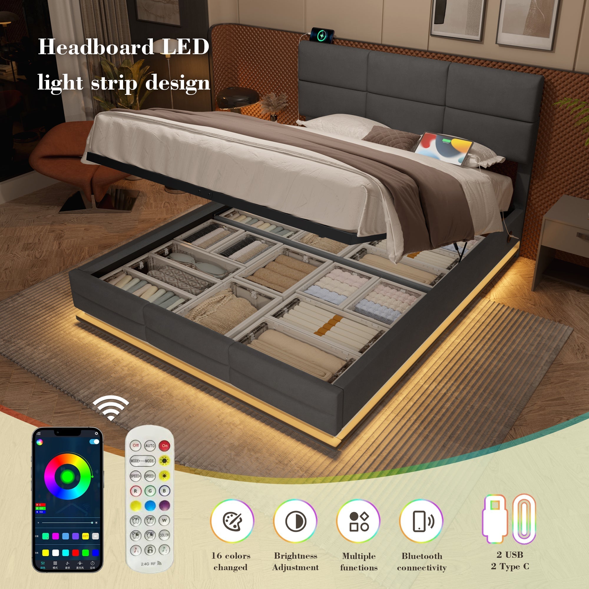 Modern Velvet Upholstered Bed, 150x200 cm, LED, USB Ports, Hydraulic Lift, Gray