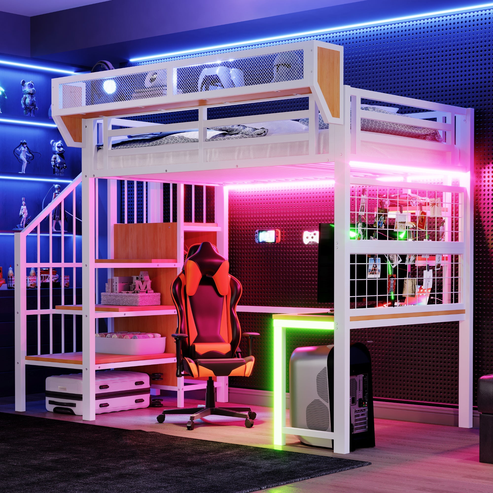 Metal Loft Bed with Desk, Shelf, LED and Socket, 90x200cm, White Metal