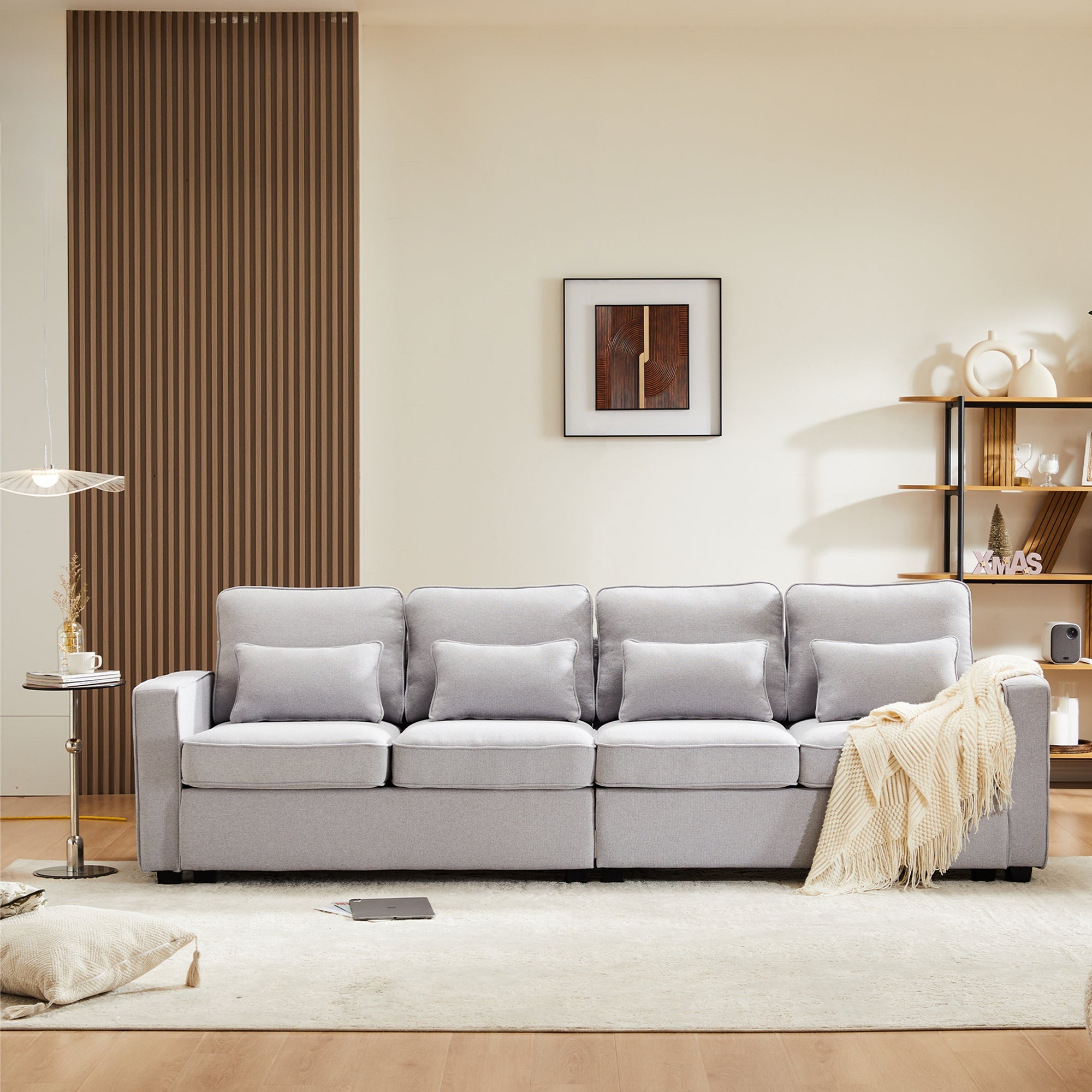 Sofa, 4-Seater with Armrest Pockets & 4 Pillows, Linen Fabric