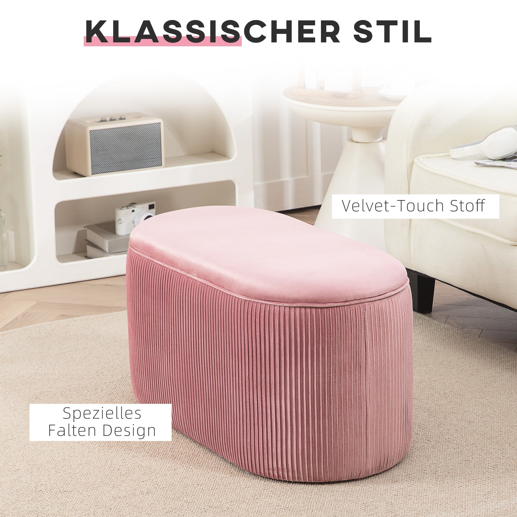 Upholstered Bench with Storage, French Style Velvet Cover, Pink