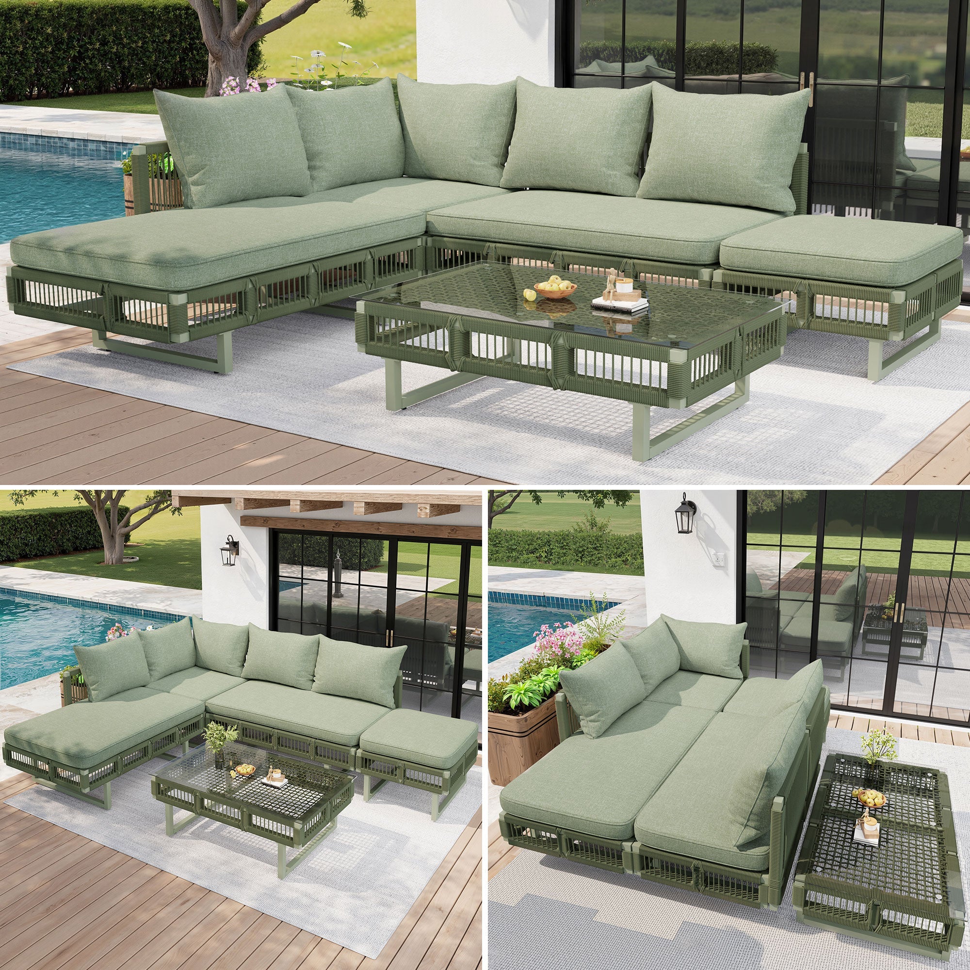 Outdoor Seating Group with Rope Weave, Adjustable Feet and Glass Coffee Table, Beige/Green