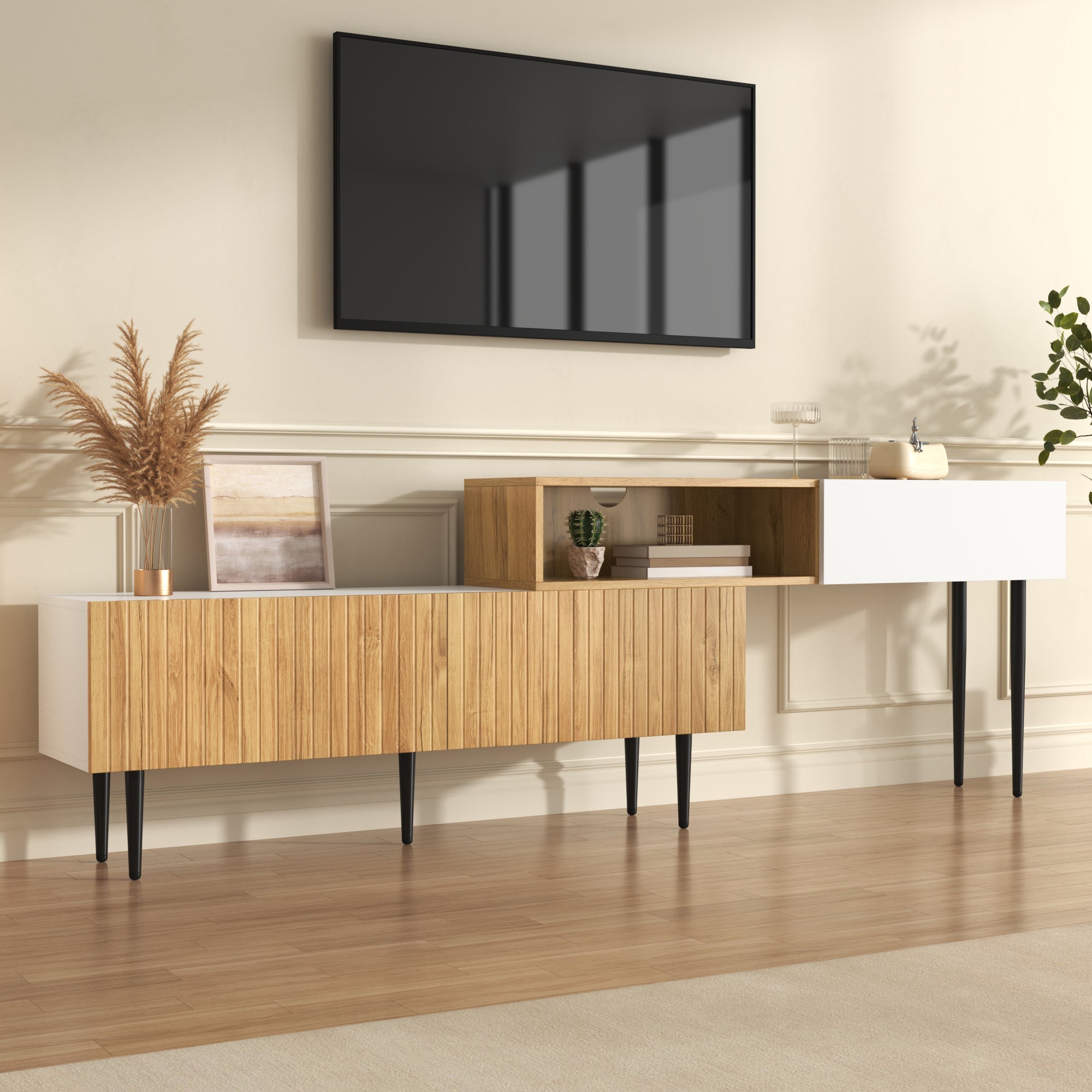 Modern TV Cabinet, adjustable length, modular 2-piece, wood look + matt white, black metal legs