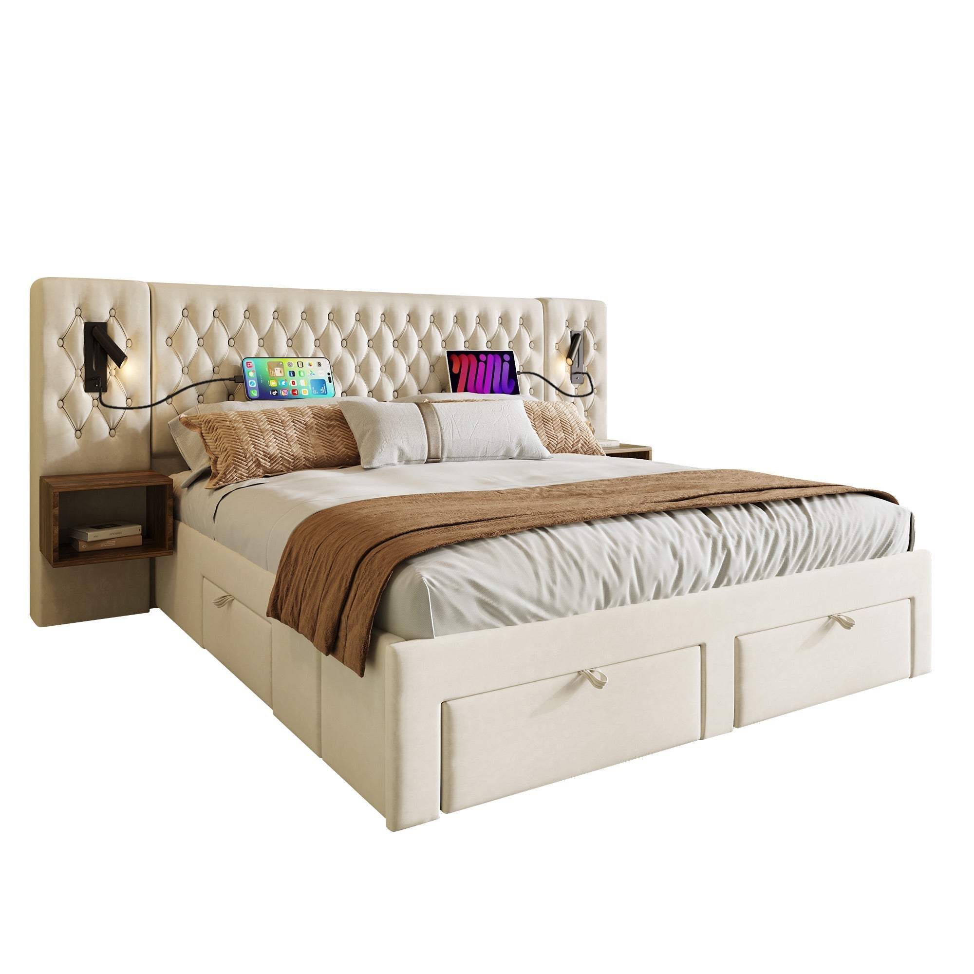 Bedroom Set, Upholstered Double Bed with 2 Nightstands & 4 Drawers, USB Reading Light, Beige Velvet
