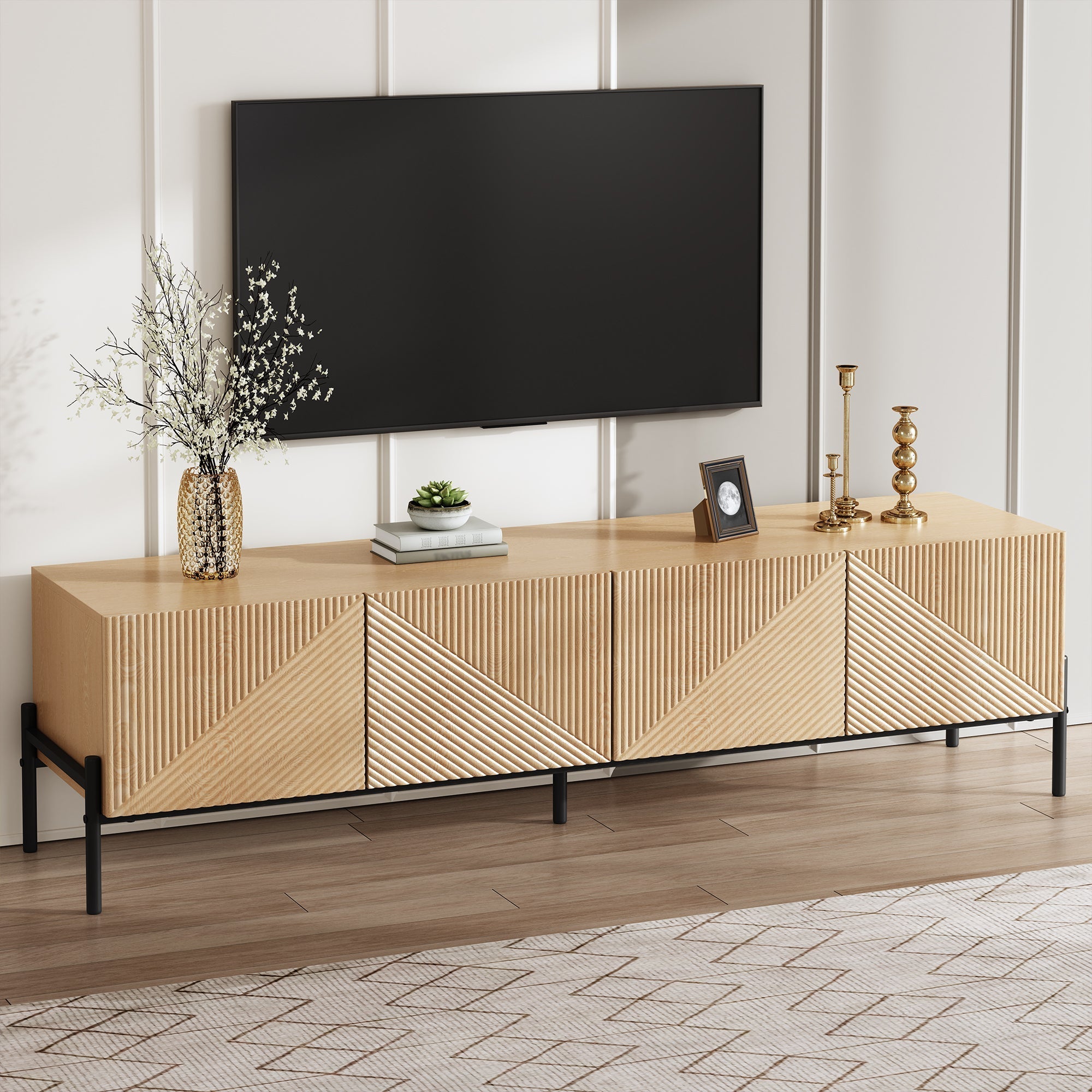 Modern TV Cabinet with 4-Door Storage and 3D Geometric Design, 160cm, Wood and Metal