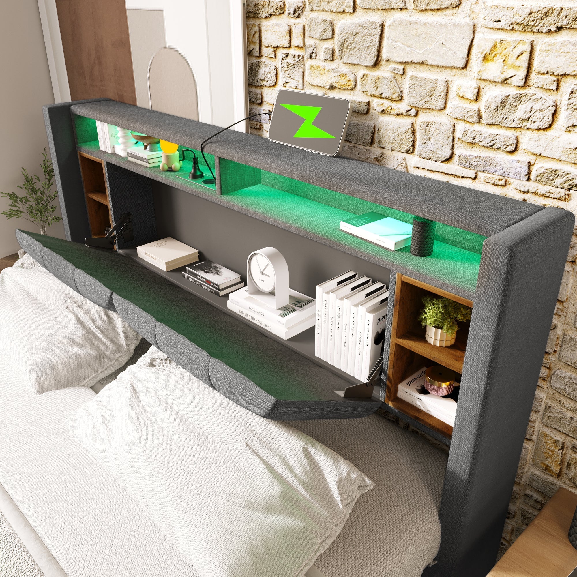 Upholstered Double Bed with Storage Headboard, USB & LED, Wooden Slats, Grey